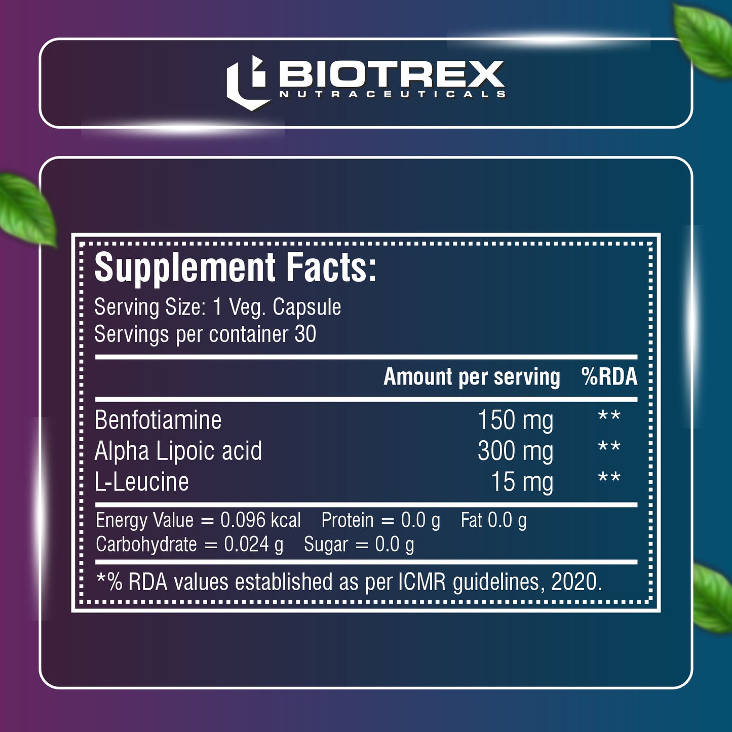 Biotrex Benfotiamine 150mg, Alpha Lipoic Acid 300mg With Leucine | Glucose Balance & Metabolic Response | Brain, Heart & Nerve Health | Most Bioavailable Vitamin B1-30 Veg Capsules