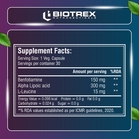 Biotrex Nutraceuticals Benfotiamine 150mg, Alpha Lipoic Acid 300mg With Leucine | Glucose Balance & Metabolic Response | Brain, Heart & Nerve Health | Most Bioavailable Vitamin B1-30 Veg Capsules