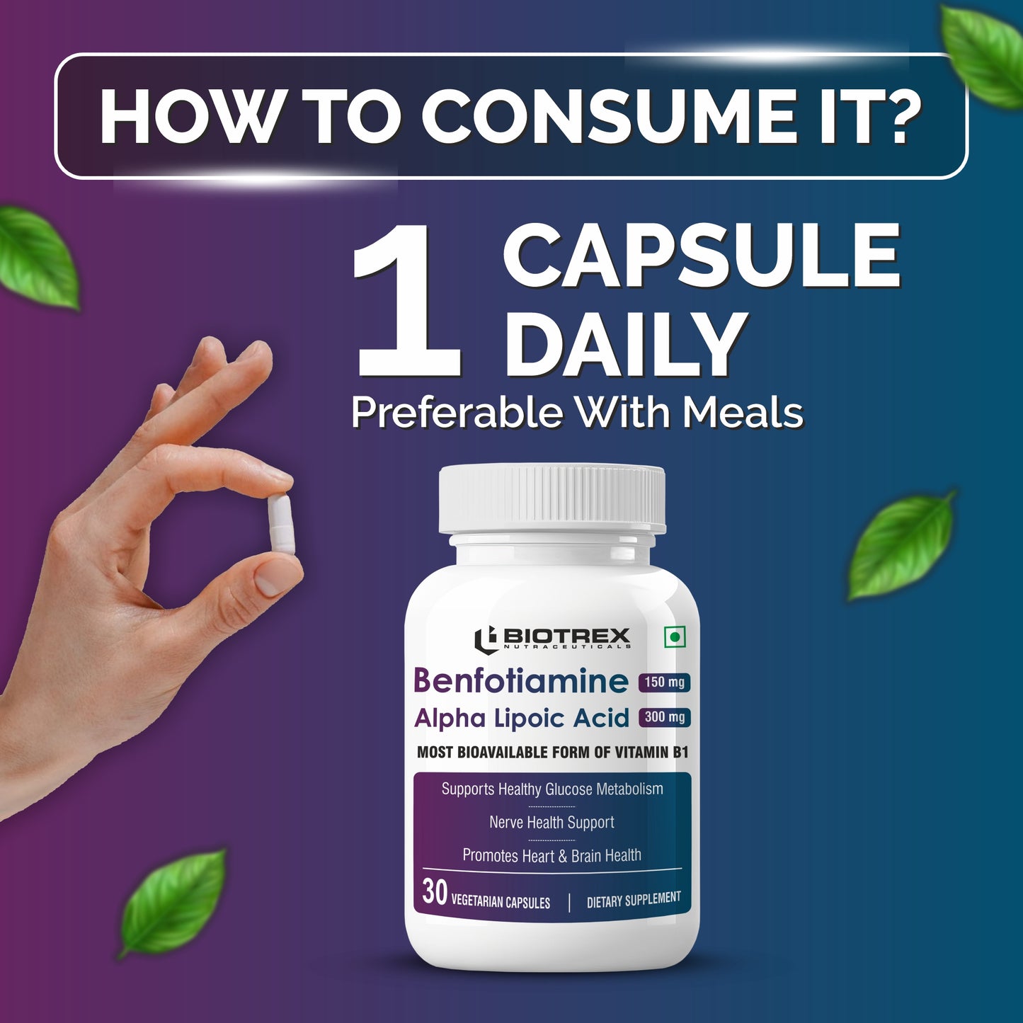 Biotrex Benfotiamine 150mg, Alpha Lipoic Acid 300mg With Leucine | Glucose Balance & Metabolic Response | Brain, Heart & Nerve Health | Most Bioavailable Vitamin B1-30 Veg Capsules