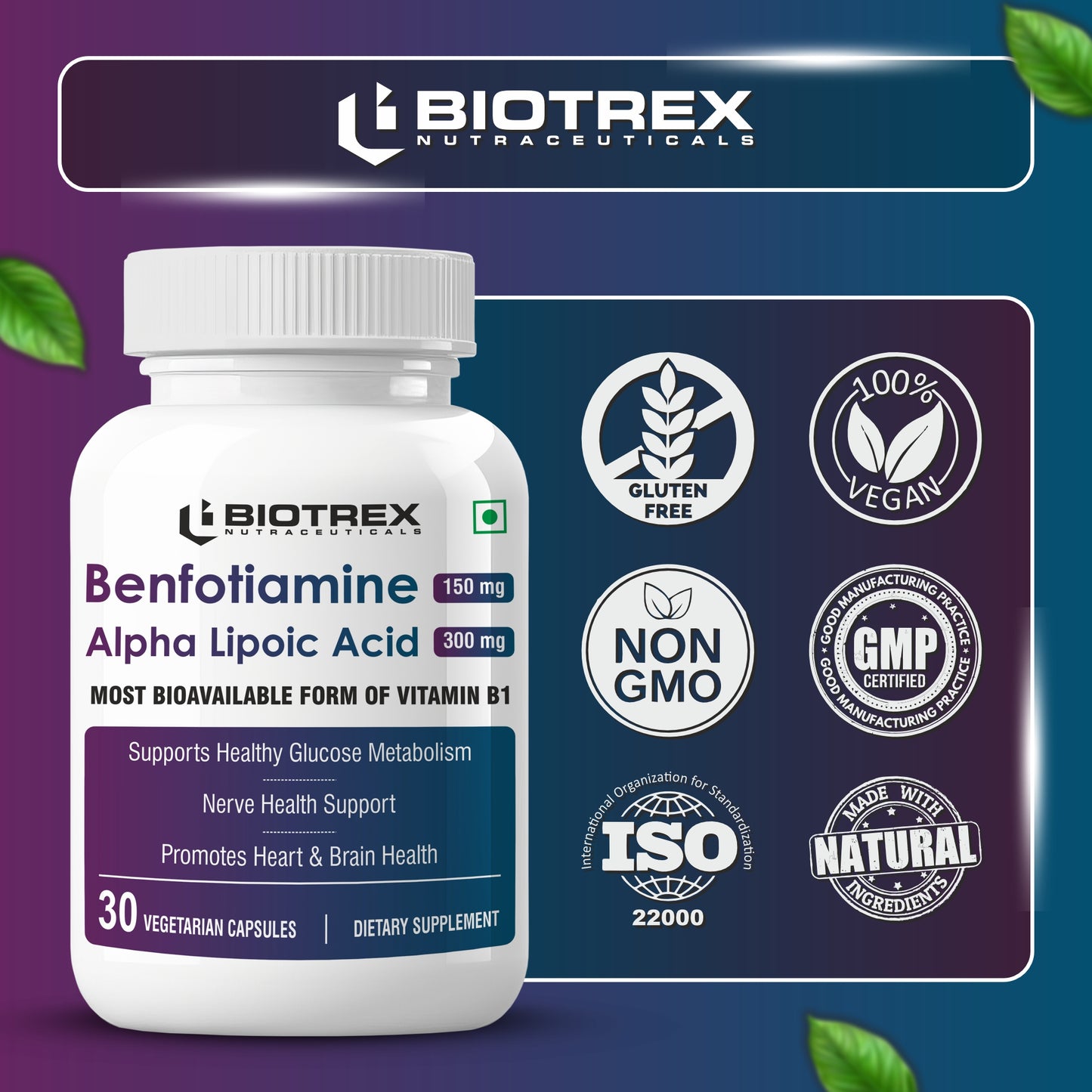 Biotrex Benfotiamine 150mg, Alpha Lipoic Acid 300mg With Leucine | Glucose Balance & Metabolic Response | Brain, Heart & Nerve Health | Most Bioavailable Vitamin B1-30 Veg Capsules