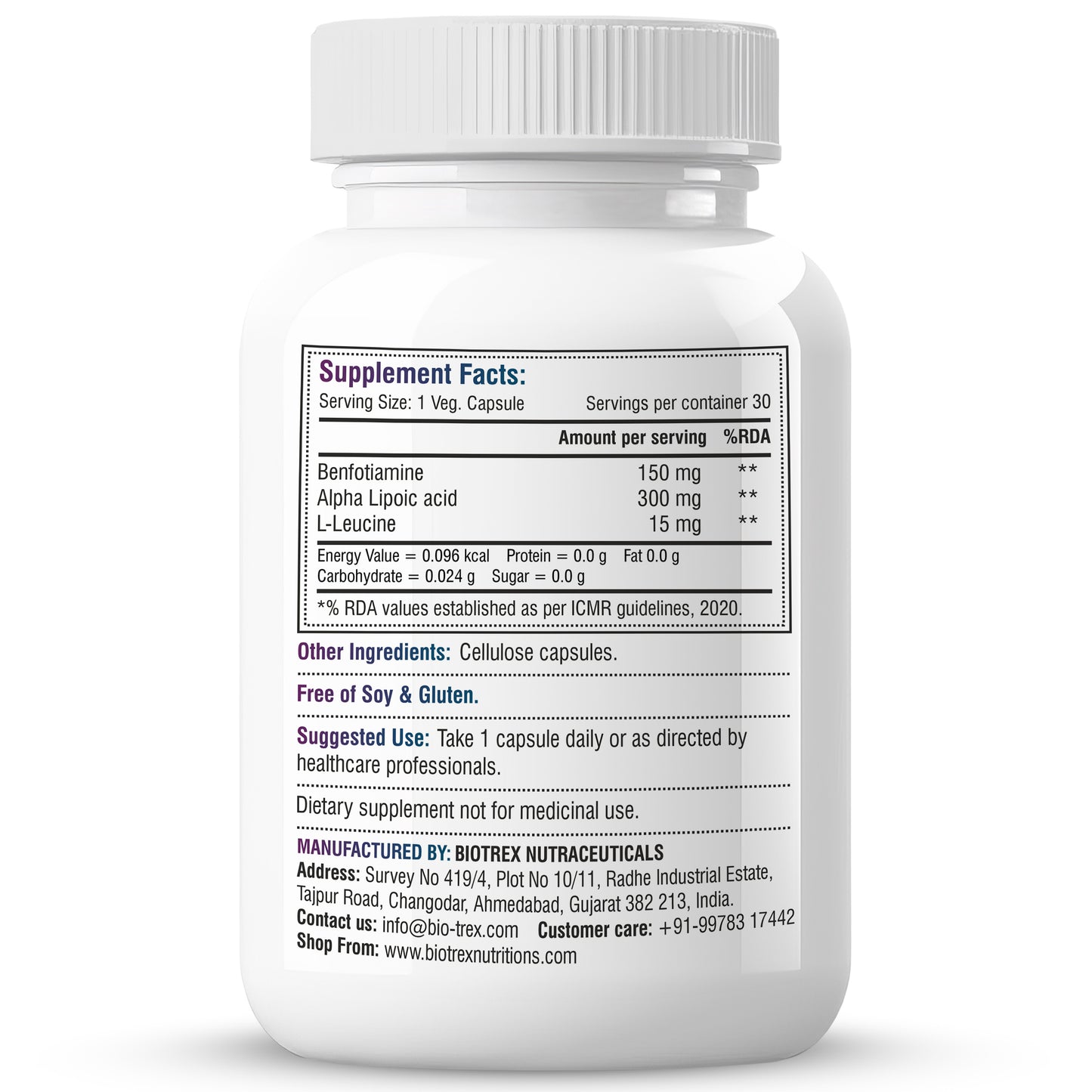 Biotrex Benfotiamine 150mg, Alpha Lipoic Acid 300mg With Leucine | Glucose Balance & Metabolic Response | Brain, Heart & Nerve Health | Most Bioavailable Vitamin B1-30 Veg Capsules