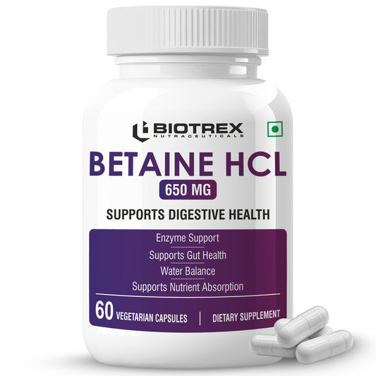 Biotrex Betaine HCL 650mg with Pepsin | Enzyme Support | Gut Health | Water Balance | Supports Nutrient Absorption & Reduces Fat - 60 Veg Capsules