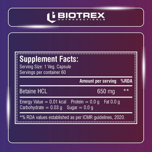Biotrex Betaine HCL 650mg with Pepsin | Enzyme Support | Gut Health | Water Balance | Supports Nutrient Absorption & Reduces Fat - 60 Veg Capsules