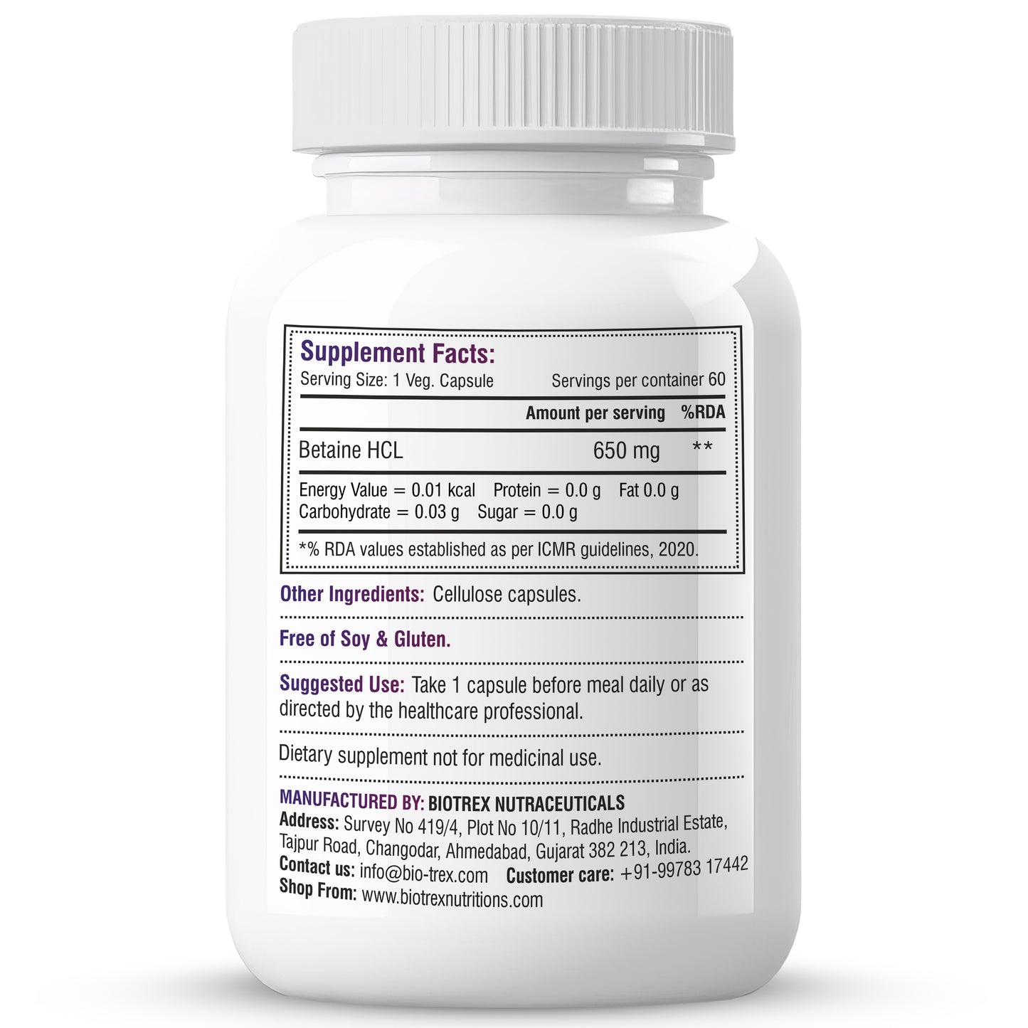 Biotrex Betaine HCL 650mg with Pepsin | Enzyme Support | Gut Health | Water Balance | Supports Nutrient Absorption & Reduces Fat - 60 Veg Capsules
