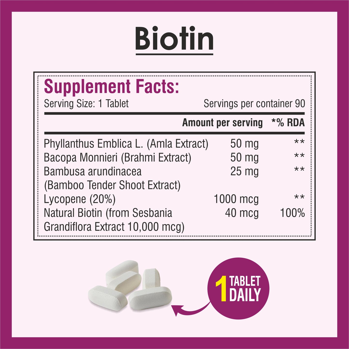 Biotrex Biotin Supplement For Hair, Skin & Nails, Enriched With Amla, Brahmi, Lycopene & Bamboo Extract - 90 Tablets