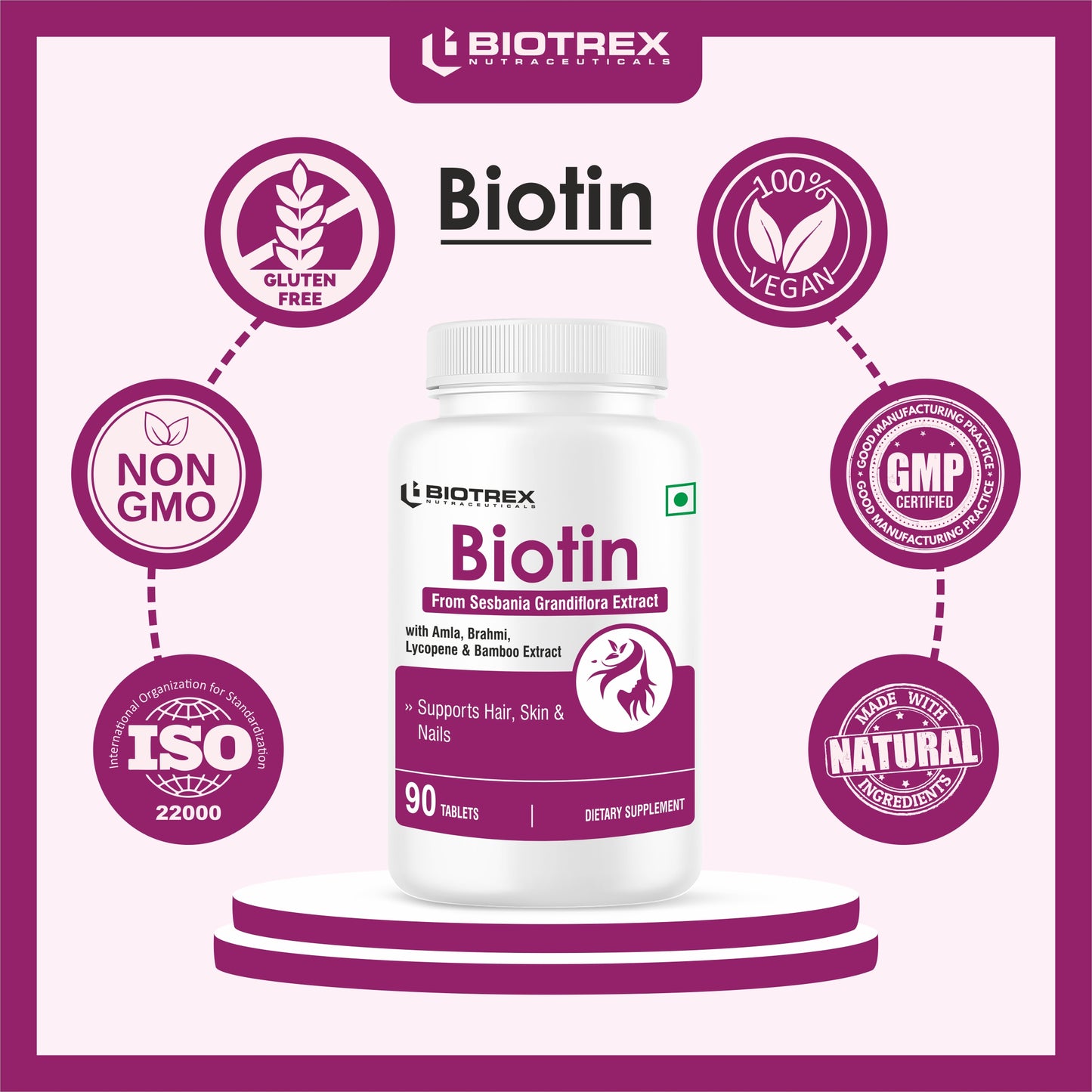 Biotrex Biotin Supplement For Hair, Skin & Nails, Enriched With Amla, Brahmi, Lycopene & Bamboo Extract - 90 Tablets