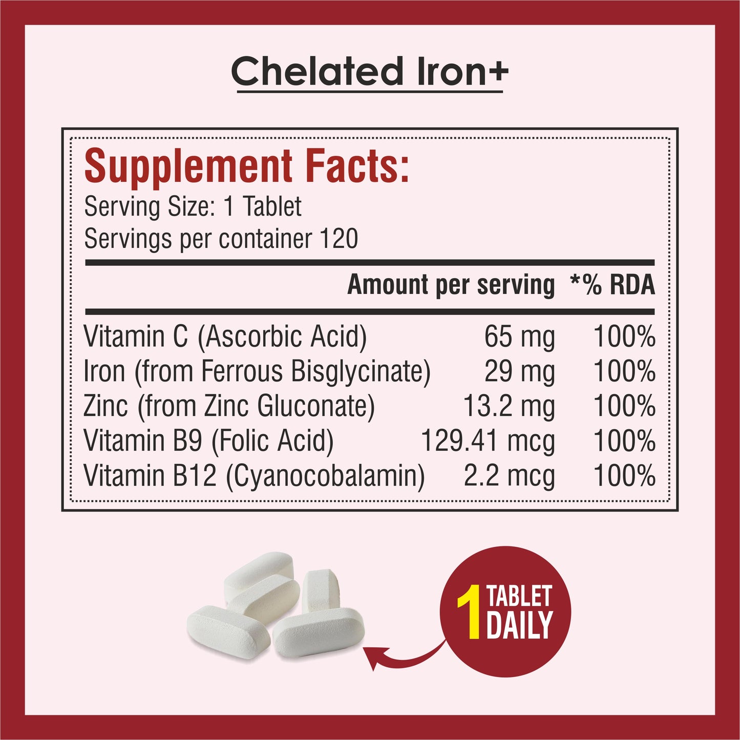Biotrex Chelated Iron + Vitamin C, B12, Folic Acid & Zinc, Boost Hemoglobin Levels & Improves Concentration Levels, Energy & Blood Building - 120 Vegetarian Tablets