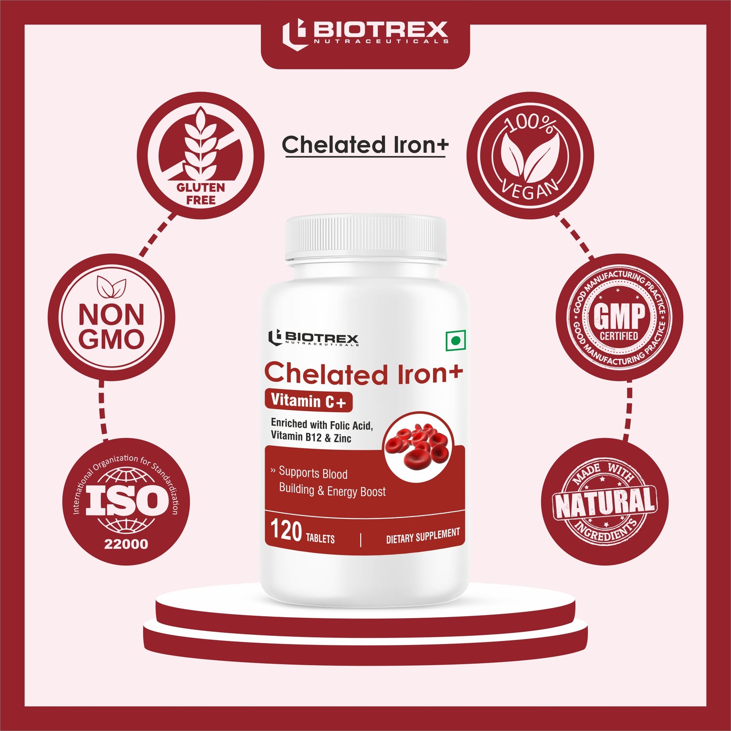 Biotrex Chelated Iron + Vitamin C, B12, Folic Acid & Zinc, Boost Hemoglobin Levels & Improves Concentration Levels, Energy & Blood Building - 120 Vegetarian Tablets