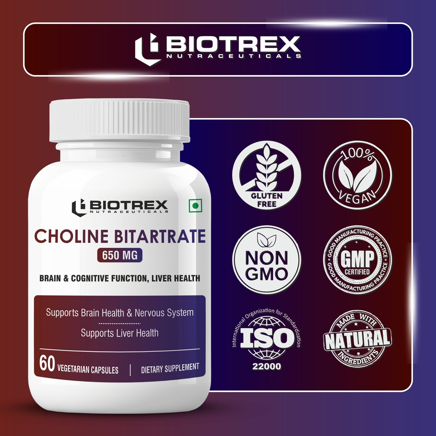 Biotrex Choline Bitartrate 650mg Supplement | High Purity Grade | Healthy Brain, Liver, Heart, Nervous System & Cognitive Function - 60 Veg Capsules