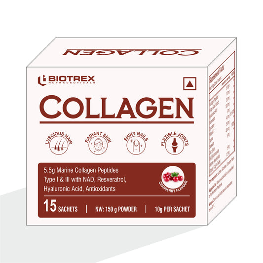 Biotrex Collagen Powder Supplement - 15 Sachets For Men & Women, Marine Collagen Powder Supports Healthy Skin, Luscious Hair, Flexible Joints, Shiny Nails, Cranberry Flavour