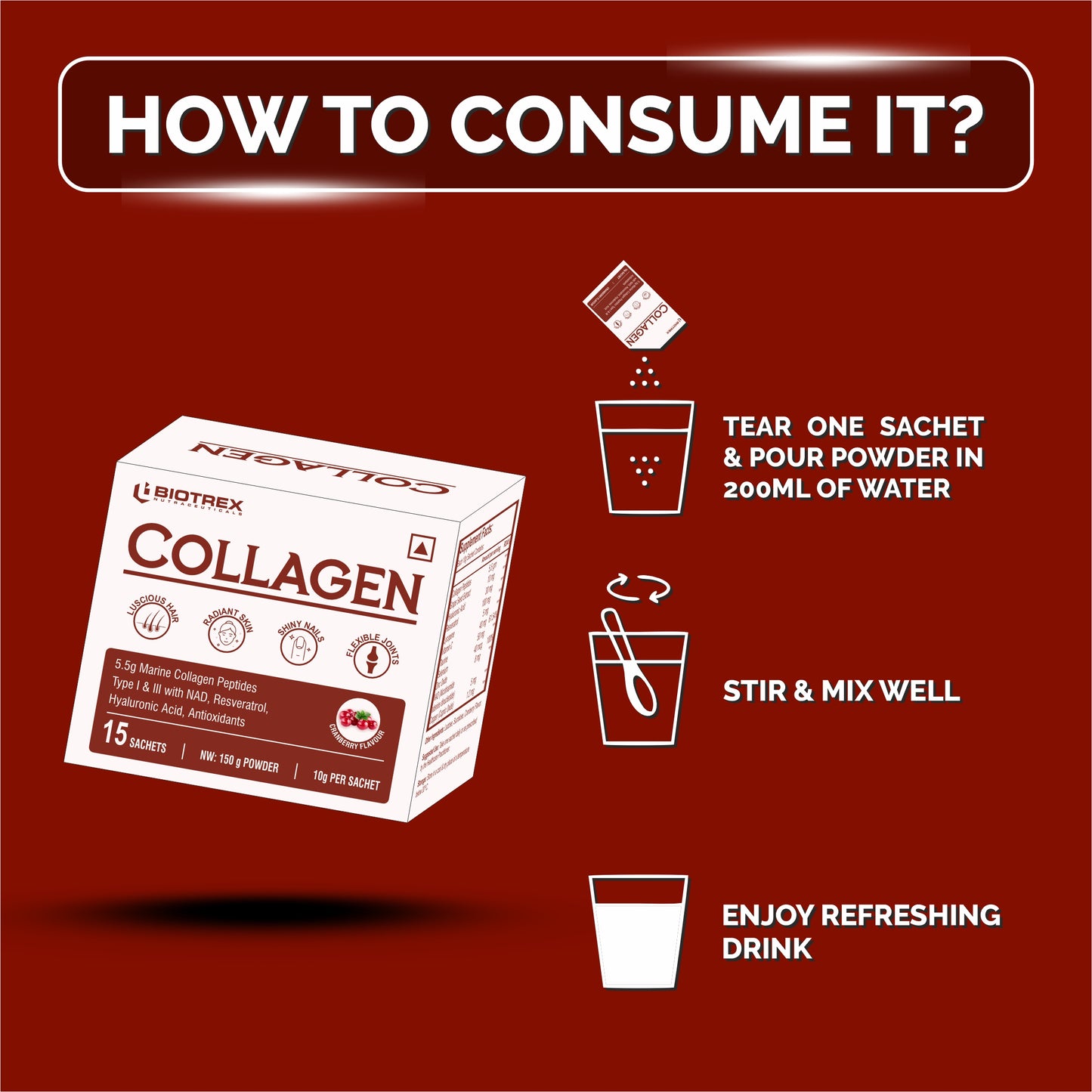 Biotrex Collagen Powder Supplement - 15 Sachets For Men & Women, Marine Collagen Powder Supports Healthy Skin, Luscious Hair, Flexible Joints, Shiny Nails, Cranberry Flavour