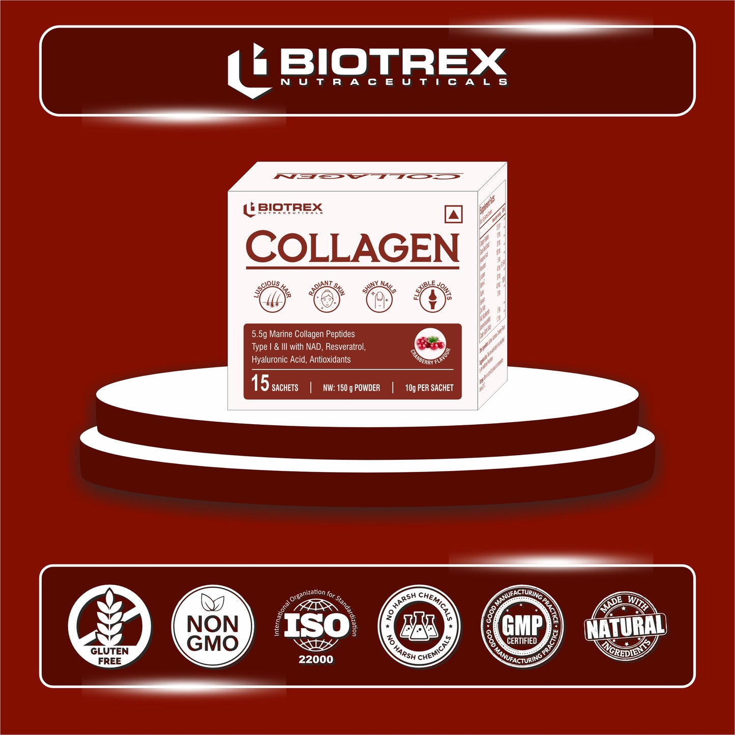 Biotrex Collagen Powder Supplement - 15 Sachets For Men & Women, Marine Collagen Powder Supports Healthy Skin, Luscious Hair, Flexible Joints, Shiny Nails, Cranberry Flavour