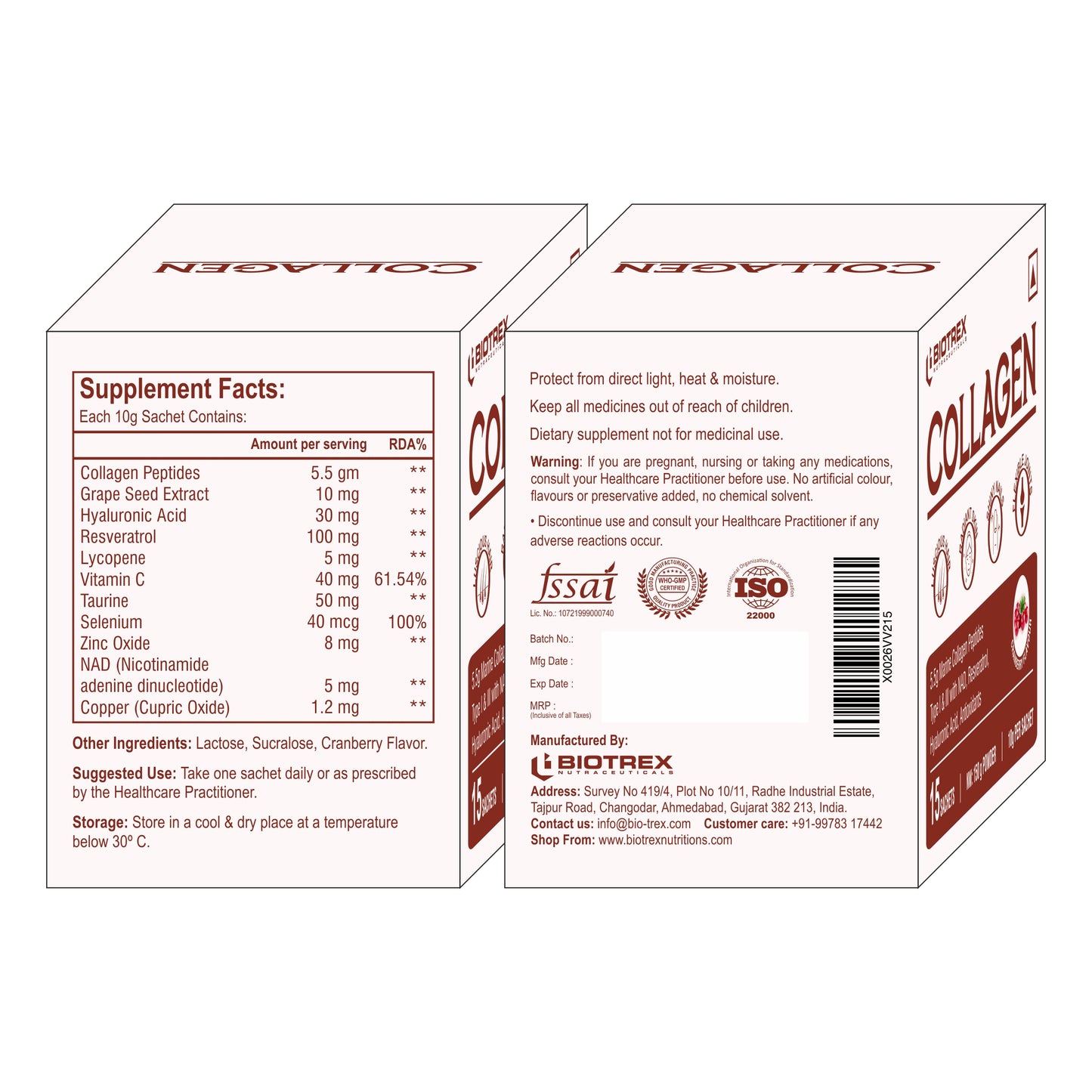 Biotrex Collagen Powder Supplement - 15 Sachets For Men & Women, Marine Collagen Powder Supports Healthy Skin, Luscious Hair, Flexible Joints, Shiny Nails, Cranberry Flavour