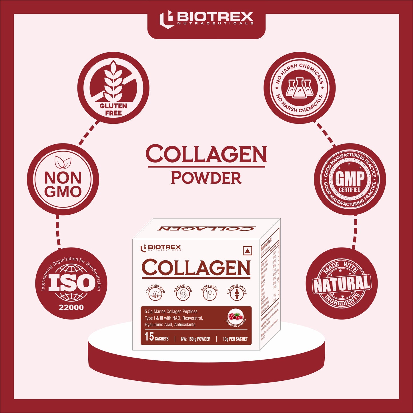 Biotrex Collagen Powder Supplement - 15 Sachets For Men & Women, Marine Collagen Powder Supports Healthy Skin, Luscious Hair, Flexible Joints, Shiny Nails, Cranberry Flavour