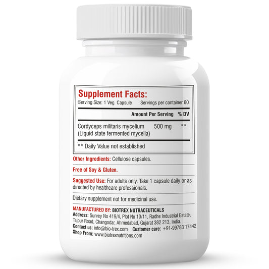 Biotrex Cordyceps 500mg-60 Veg Capsules Increases Energy, Stamina & Athletic Performance Enhancement