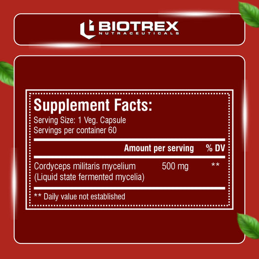 Biotrex Cordyceps 500mg-60 Veg Capsules Increases Energy, Stamina & Athletic Performance Enhancement