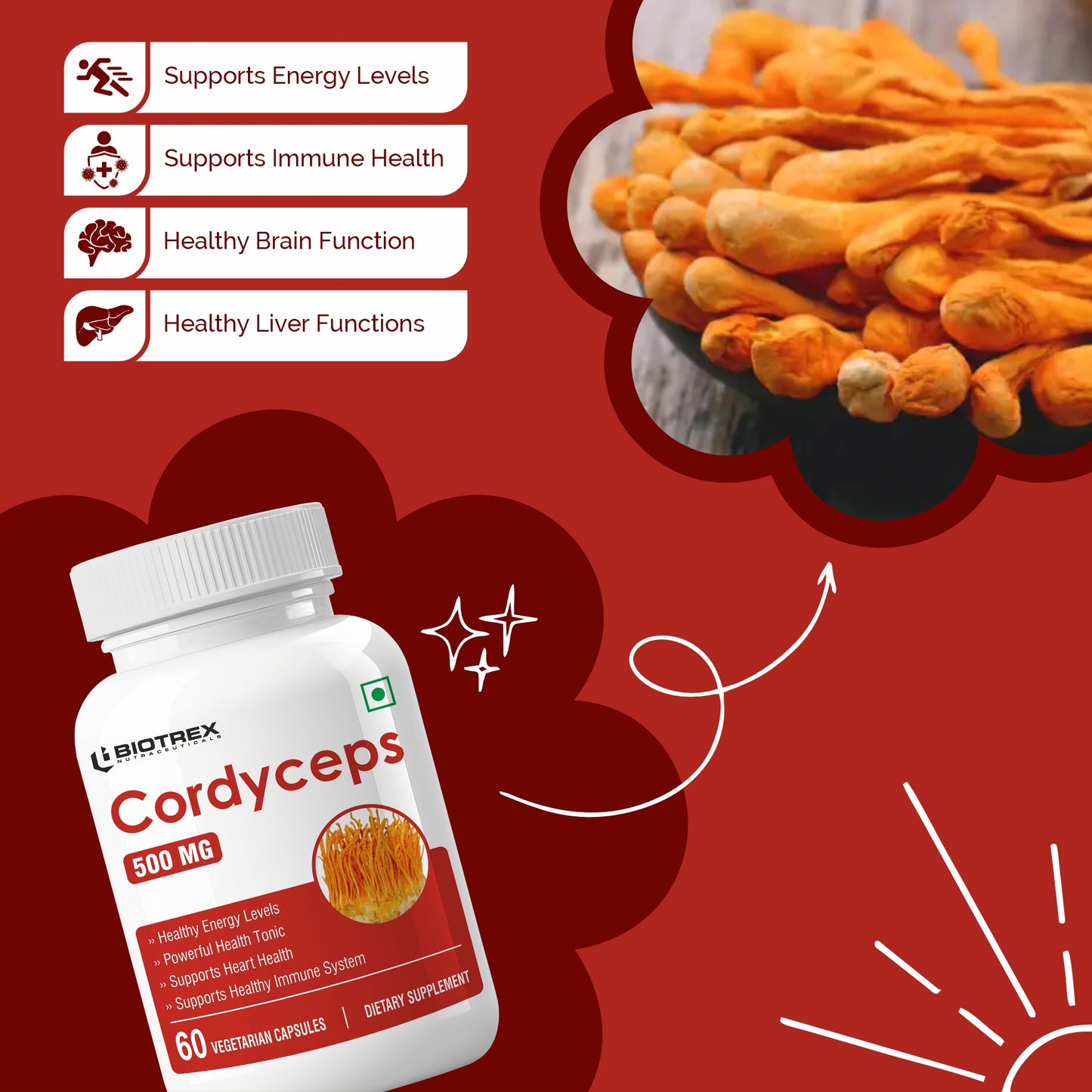 Biotrex Cordyceps 500mg-60 Veg Capsules Increases Energy, Stamina & Athletic Performance Enhancement