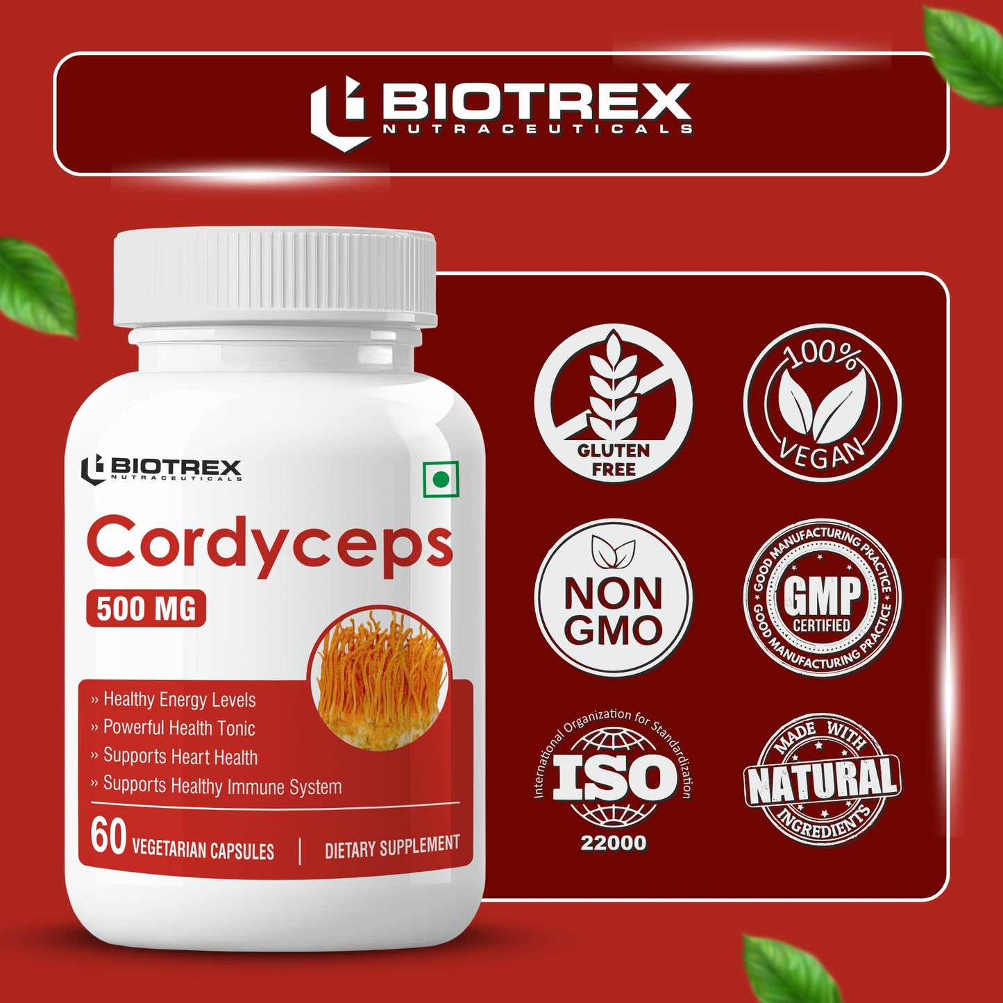 Biotrex Cordyceps 500mg-60 Veg Capsules Increases Energy, Stamina & Athletic Performance Enhancement