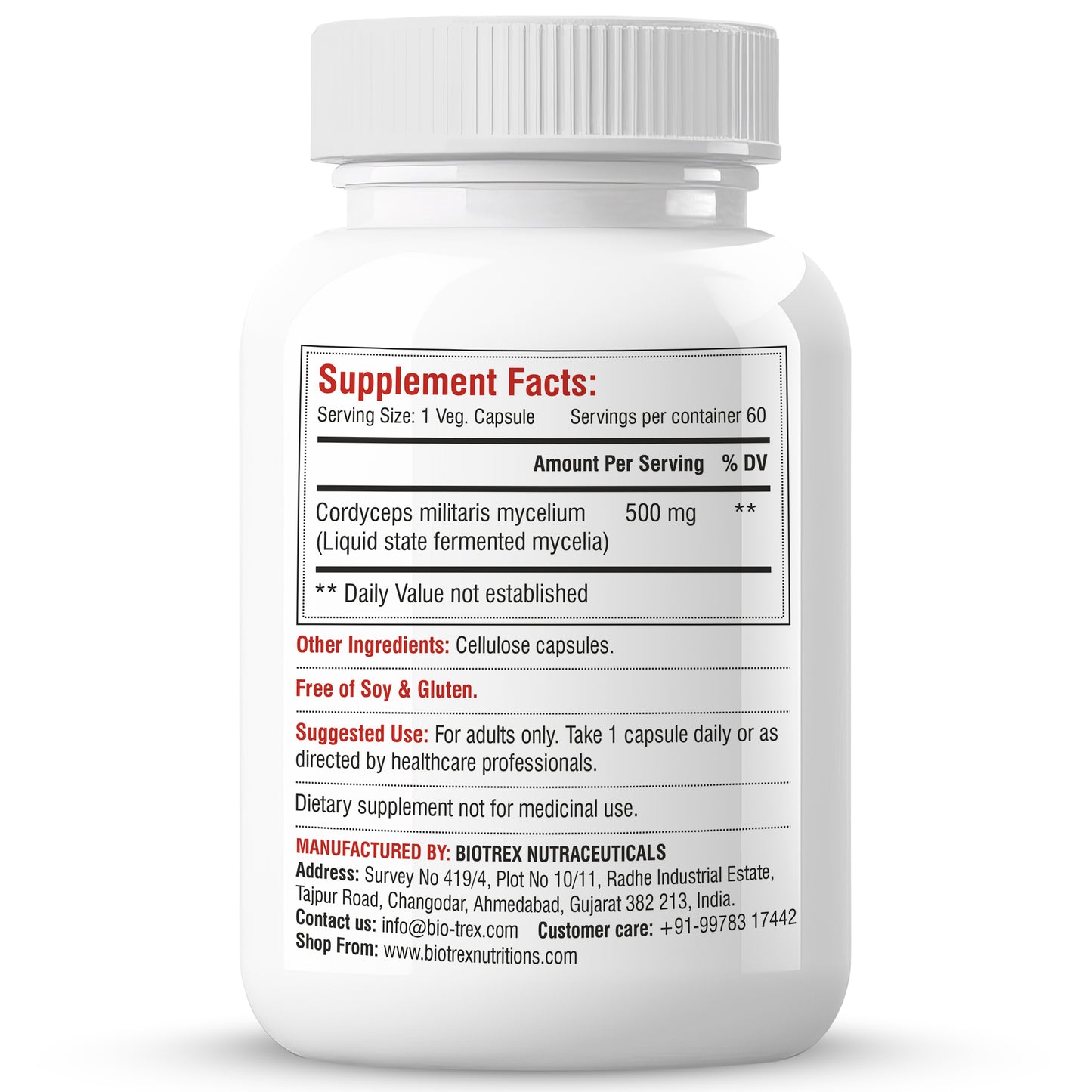 Biotrex Cordyceps 500mg-60 Veg Capsules Increases Energy, Stamina & Athletic Performance Enhancement