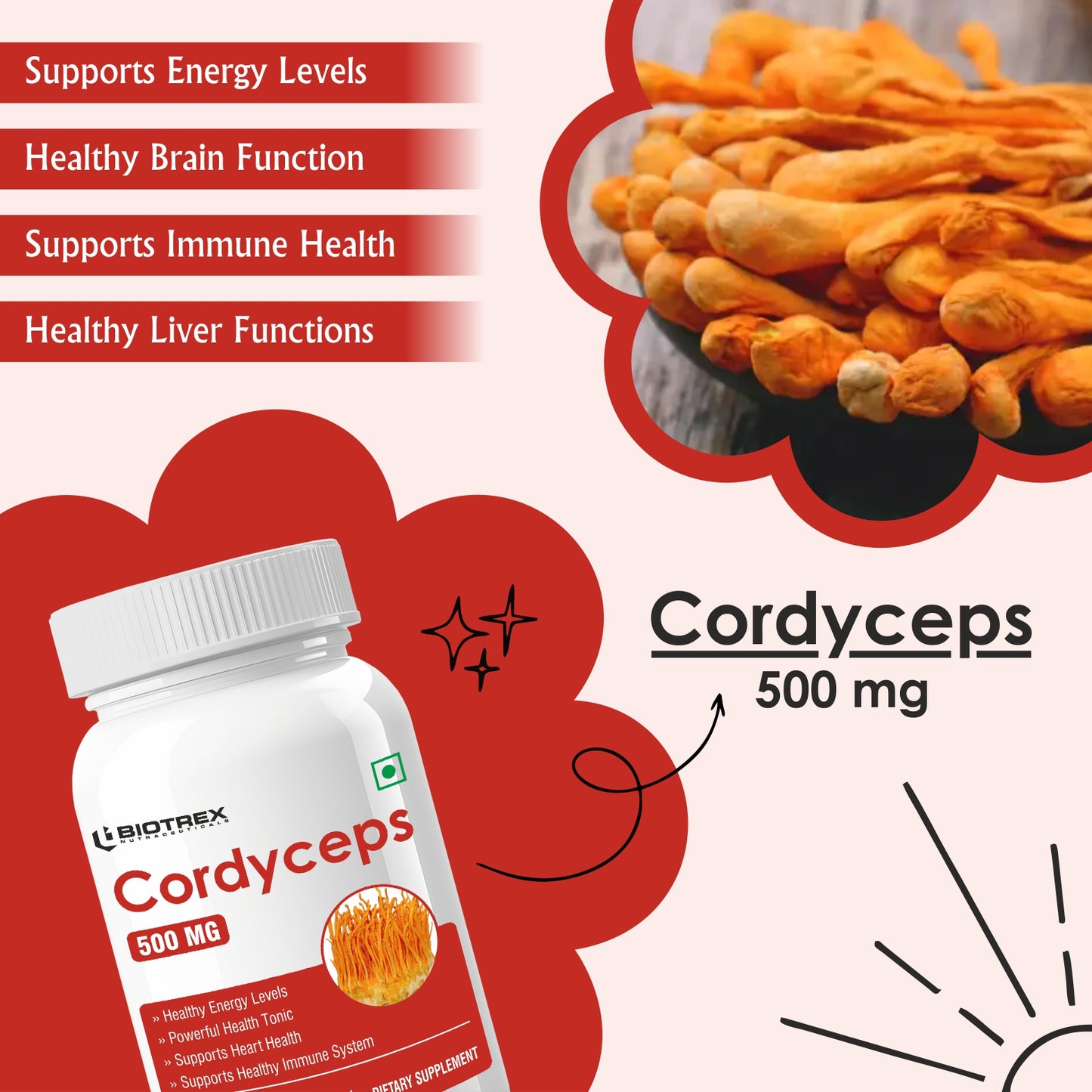 Biotrex Cordyceps 500mg-60 Veg Capsules Increases Energy, Stamina & Athletic Performance Enhancement