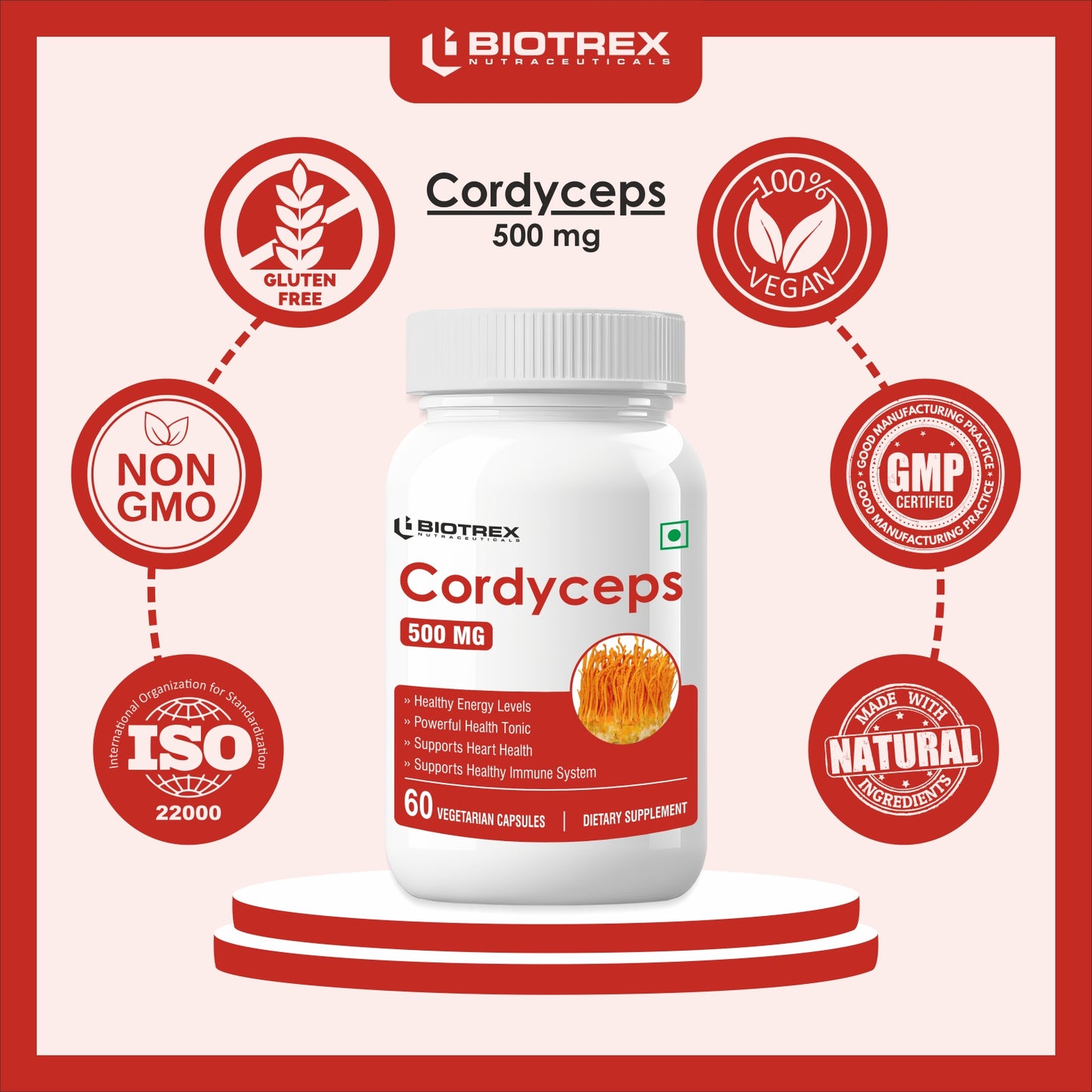 Biotrex Cordyceps 500mg-60 Veg Capsules Increases Energy, Stamina & Athletic Performance Enhancement
