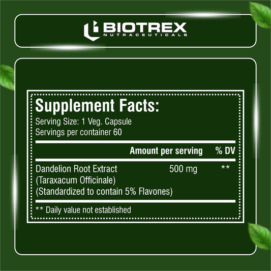 Biotrex Dandelion 500mg - 60 Capsules, Antioxidant, Detoxifies Liver, Digestive Aid