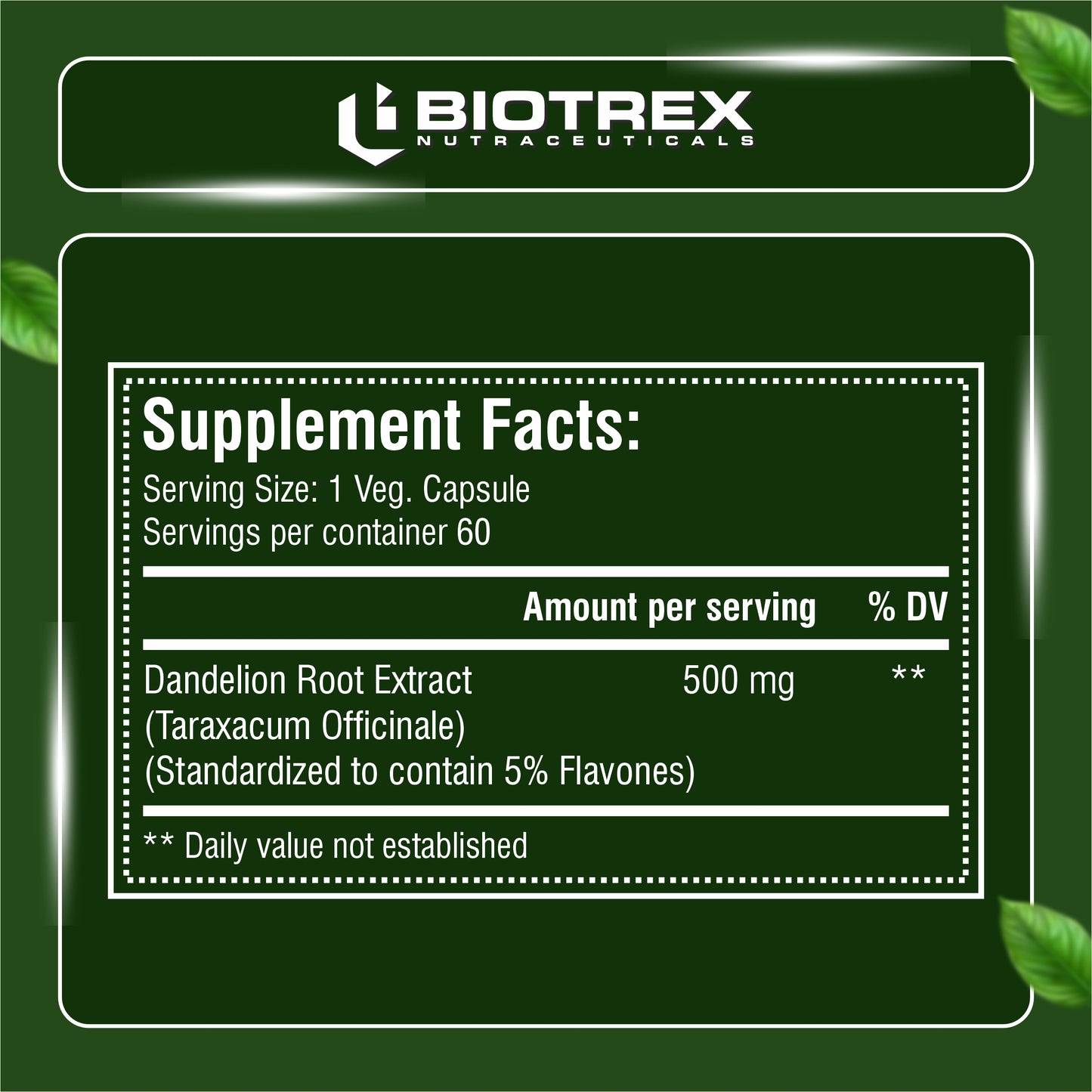 Biotrex Dandelion 500mg - 60 Capsules, Antioxidant, Detoxifies Liver, Digestive Aid