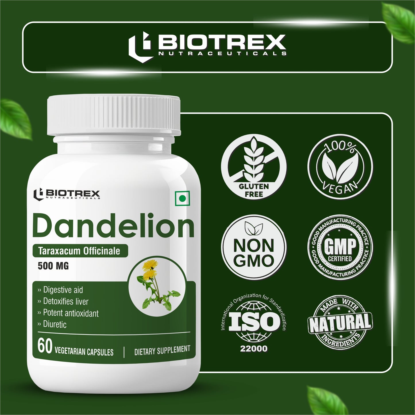 Biotrex Dandelion 500mg - 60 Capsules, Antioxidant, Detoxifies Liver, Digestive Aid