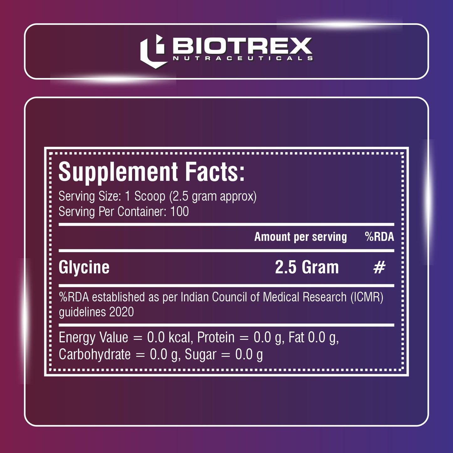 Biotrex Nutraceuticals Glycine Pure Amino Acid Powder | Muscle Recovery & Relaxation | Neurotransmitter Support & Restful Sleep | Enhances Energy & Strength | Unflavoured, Gluten Free - 250 gram (100 Servings)