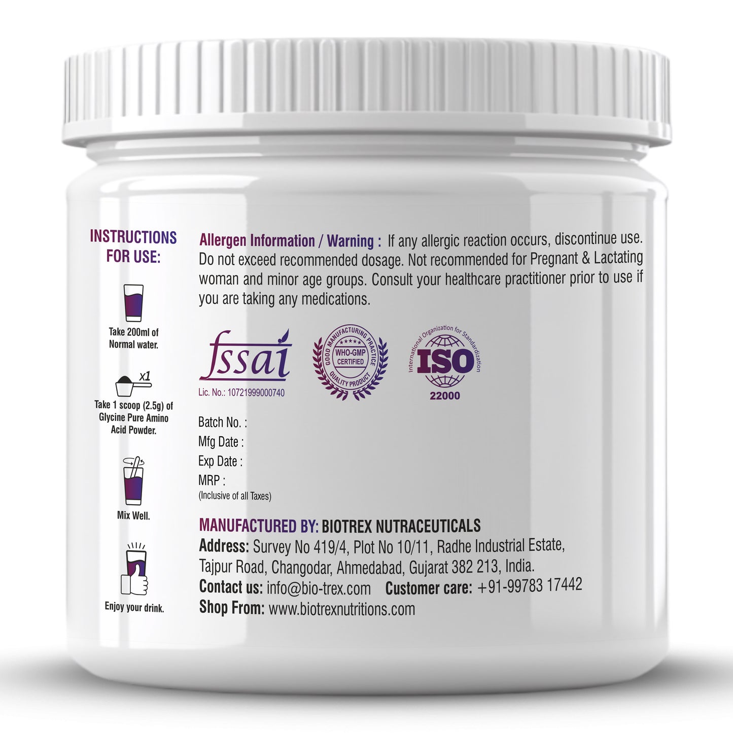 Biotrex Nutraceuticals Glycine Pure Amino Acid Powder | Muscle Recovery & Relaxation | Neurotransmitter Support & Restful Sleep | Enhances Energy & Strength | Unflavoured, Gluten Free - 250 gram (100 Servings)