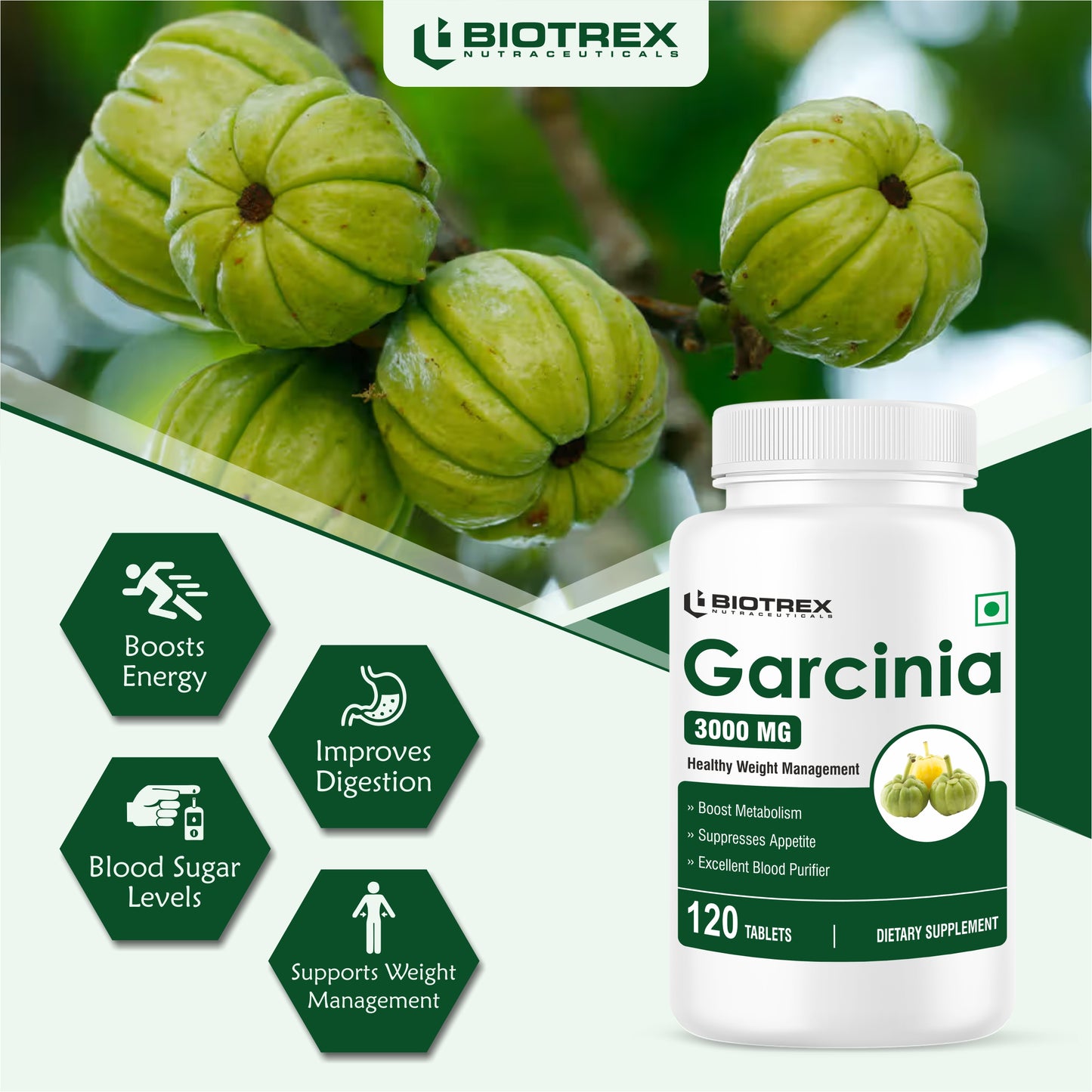 Biotrex Garcinia Cambogia 3000mg 60% HCA High Purity With Piperine 6mg, Boosts Metabolism & Energy Levels, Weight Loss Management, Fat Burner - 120 Veg Tablets