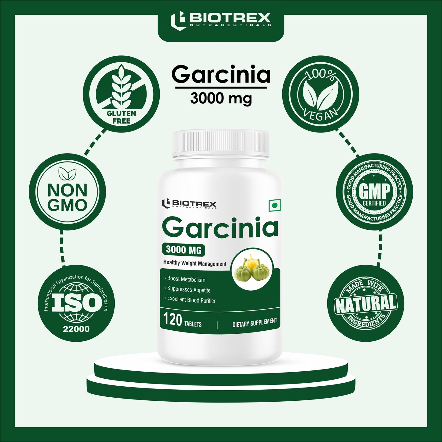 Biotrex Garcinia Cambogia 3000mg 60% HCA High Purity With Piperine 6mg, Boosts Metabolism & Energy Levels, Weight Loss Management, Fat Burner - 120 Veg Tablets