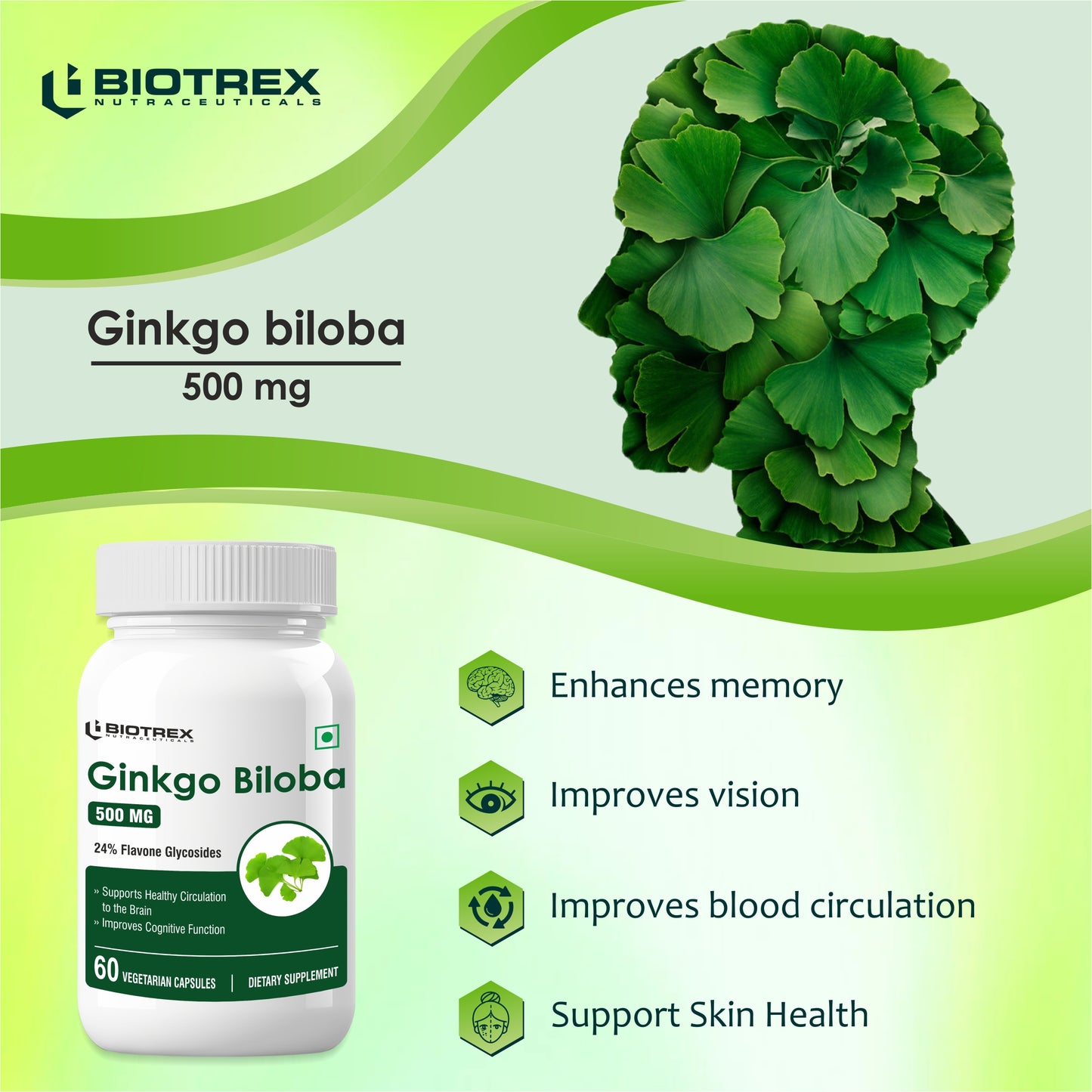 Biotrex Ginkgo Biloba With Brahmi 500mg, Supports Memory & Better Concentration, Healthy Blood Circulation, 24% Flavone Glycosides - 60 Vegetarian Capsules