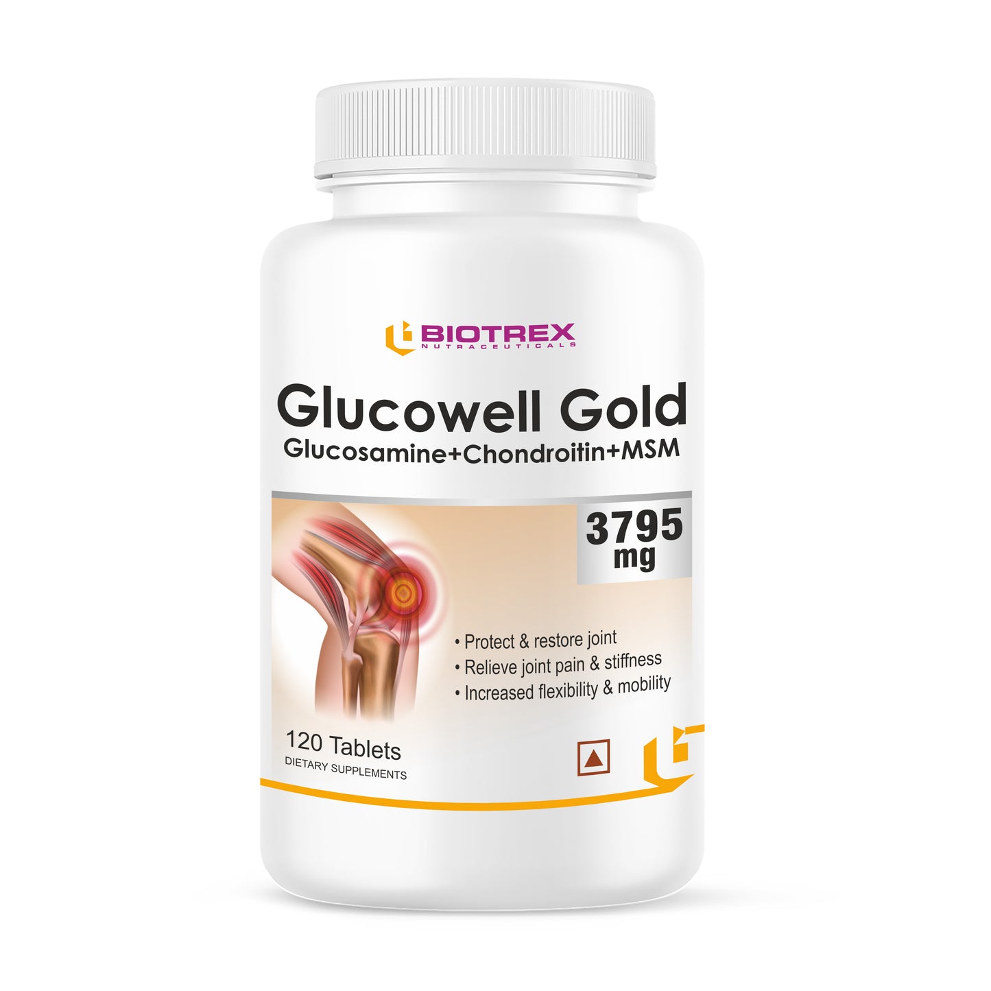 Biotrex Glucowell GOLD Glucosamine+ Chondroitin + MSM 3795mg - Maximum strength of Glucosamine with MSM (120 Tablets)