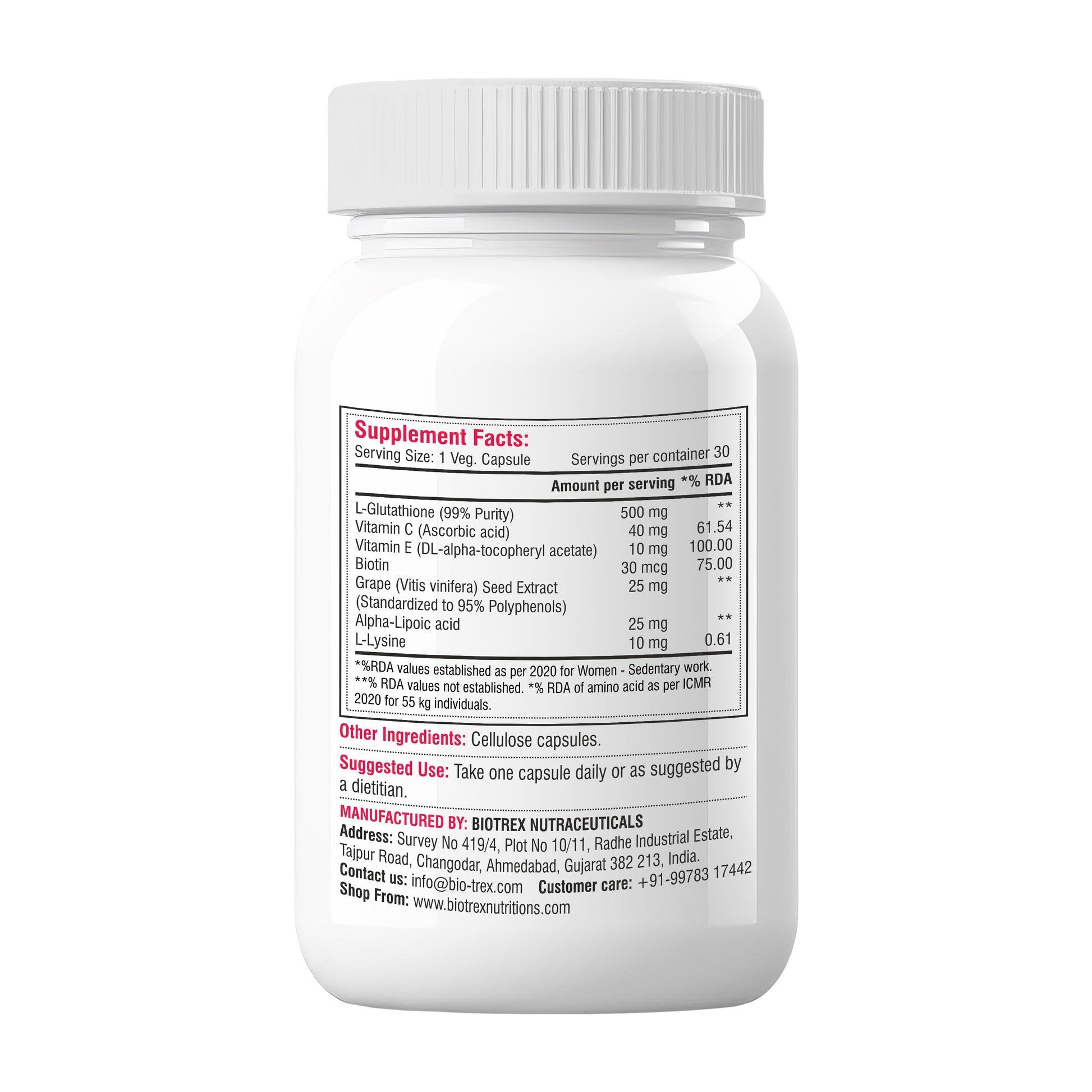 Biotrex Glutathione With Vitamin C & E, Biotin, Grape Seed Extract, Al BIOTREX NUTRACEUTICALS Biotrex Glutathione With Vitamin C & E, Biotin, Grape Seed Extract, Al BIOTREX NUTRACEUTICALS