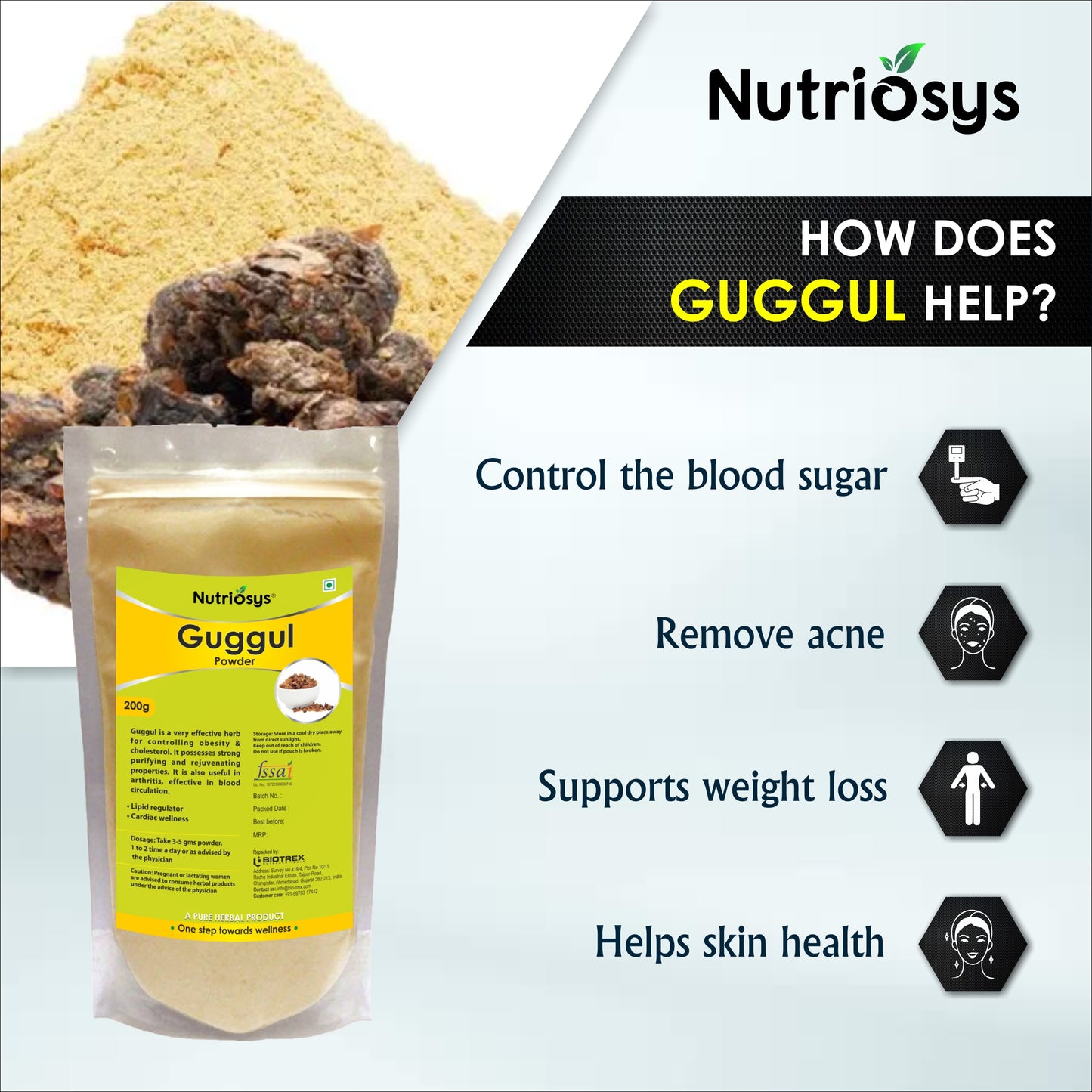 Nutriosys Guggul Herbal Powder - 200gram, Reduce Cholesterol, Helps In Weight Managment