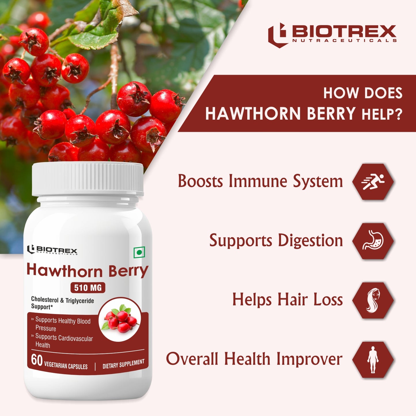 Biotrex Hawthorn Berry 510mg - 60 Capsules