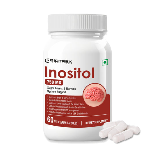 Biotrex Myo Inositol 750mg, Pcos, Brain & Nerve Health, 99% High Purity Grade Inositol, Fat Metabolism - 60 Vegetarian Capsules