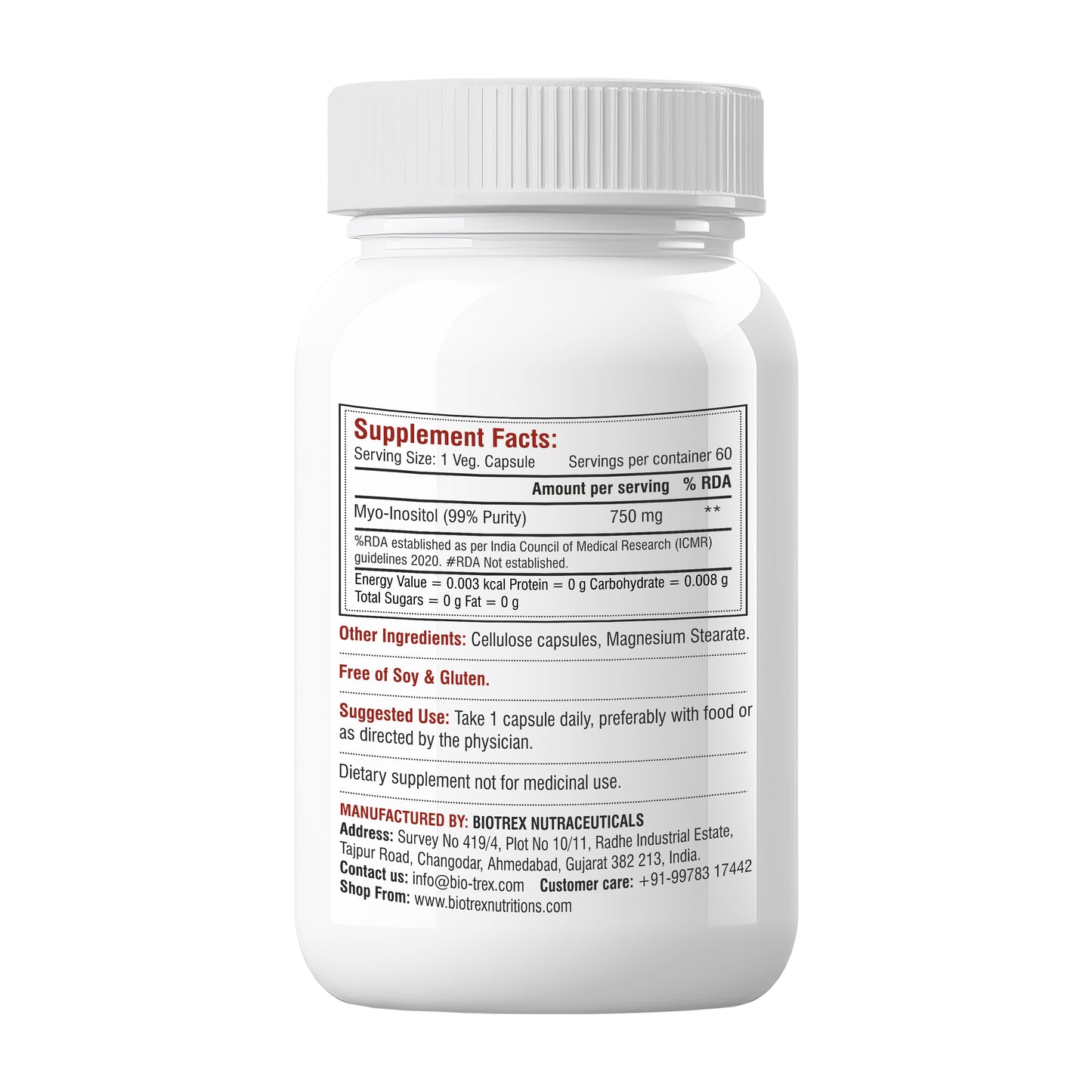 Biotrex Myo Inositol 750mg, Pcos, Brain & Nerve Health, 99% High Purity Grade Inositol, Fat Metabolism - 60 Vegetarian Capsules