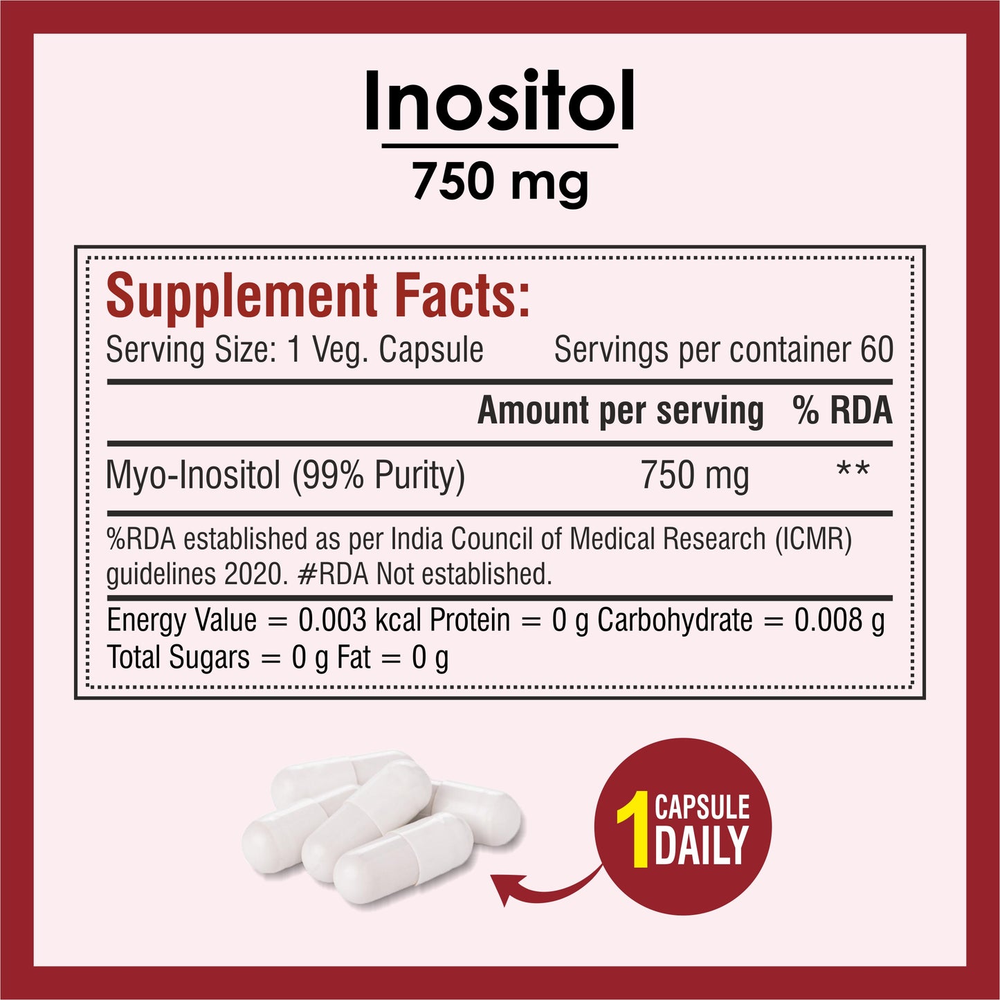 Biotrex Myo Inositol 750mg, Pcos, Brain & Nerve Health, 99% High Purity Grade Inositol, Fat Metabolism - 60 Vegetarian Capsules