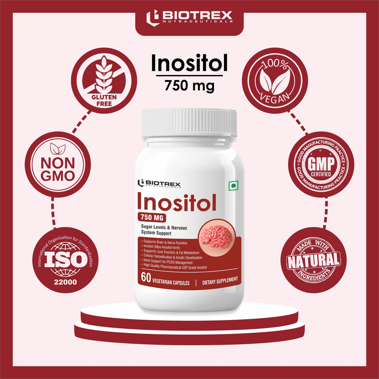 Biotrex Myo Inositol 750mg, Pcos, Brain & Nerve Health, 99% High Purity Grade Inositol, Fat Metabolism - 60 Vegetarian Capsules