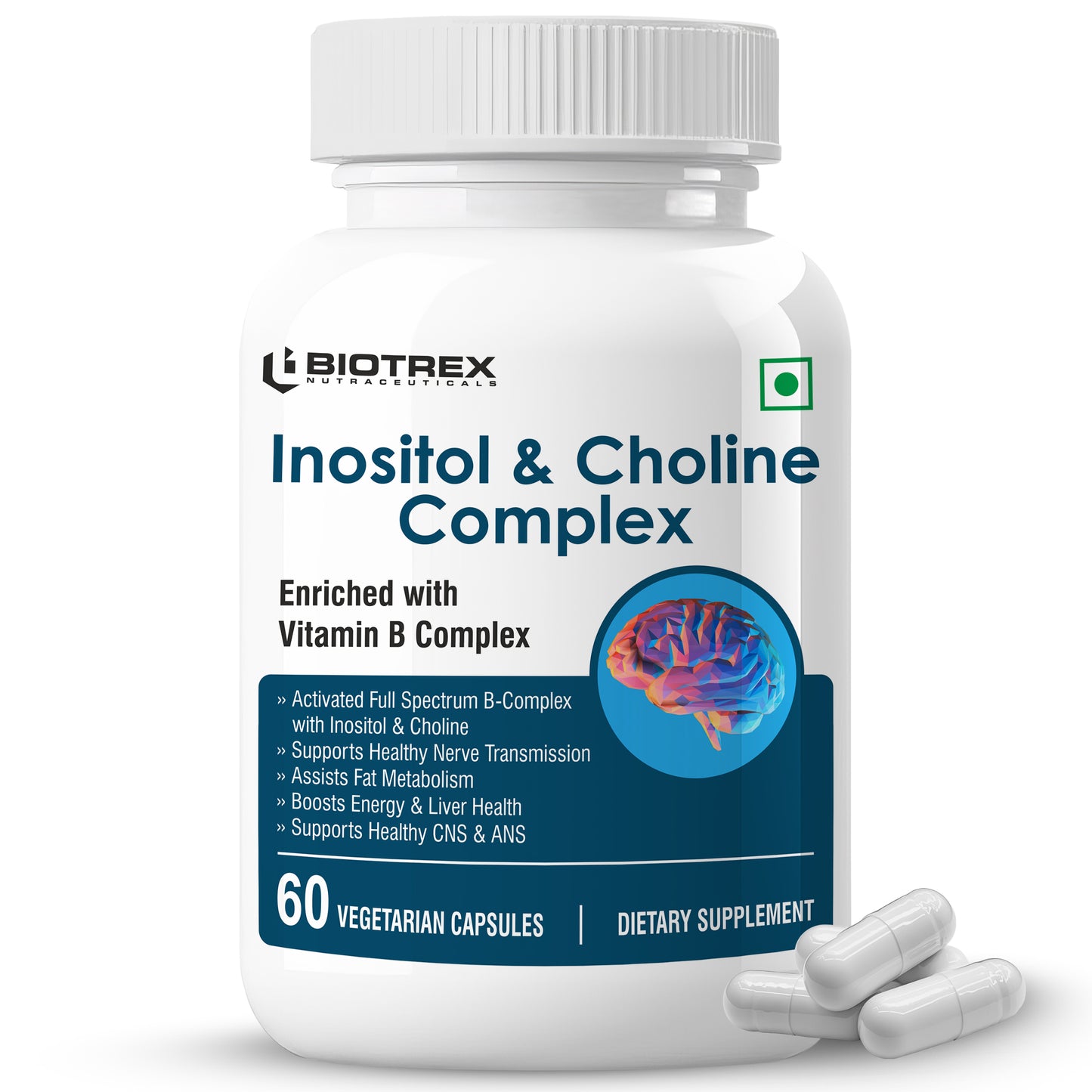 Biotrex Inositol and Choline Complex With Vitamin B Complex Vitamin B1, B2, B3, B5, B6, B7, B9 & B12, Enriched With High Purity, Advanced Nervous System & Fatty Acid - 60 Veg Capsules