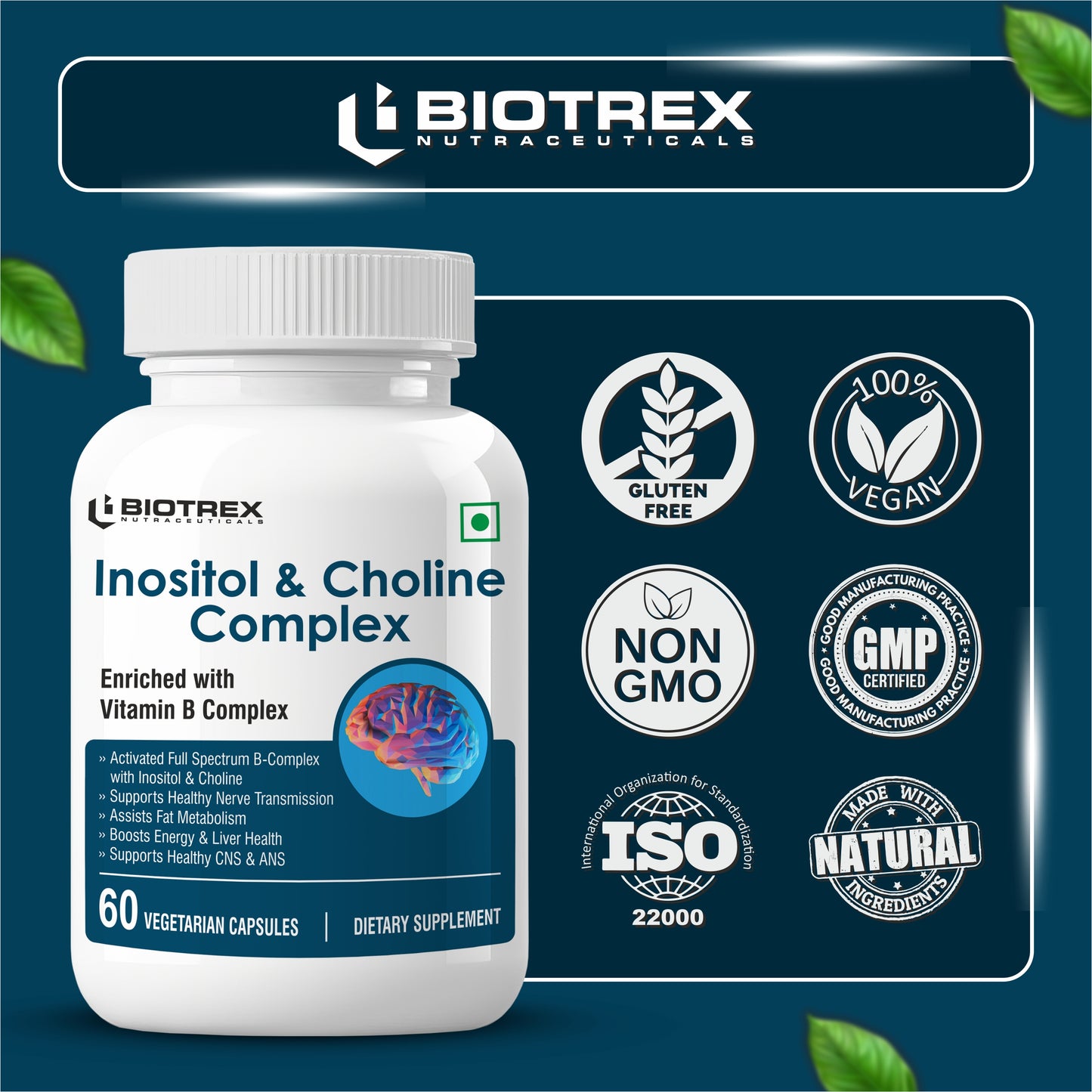 Biotrex Inositol and Choline Complex With Vitamin B Complex Vitamin B1, B2, B3, B5, B6, B7, B9 & B12, Enriched With High Purity, Advanced Nervous System & Fatty Acid - 60 Veg Capsules