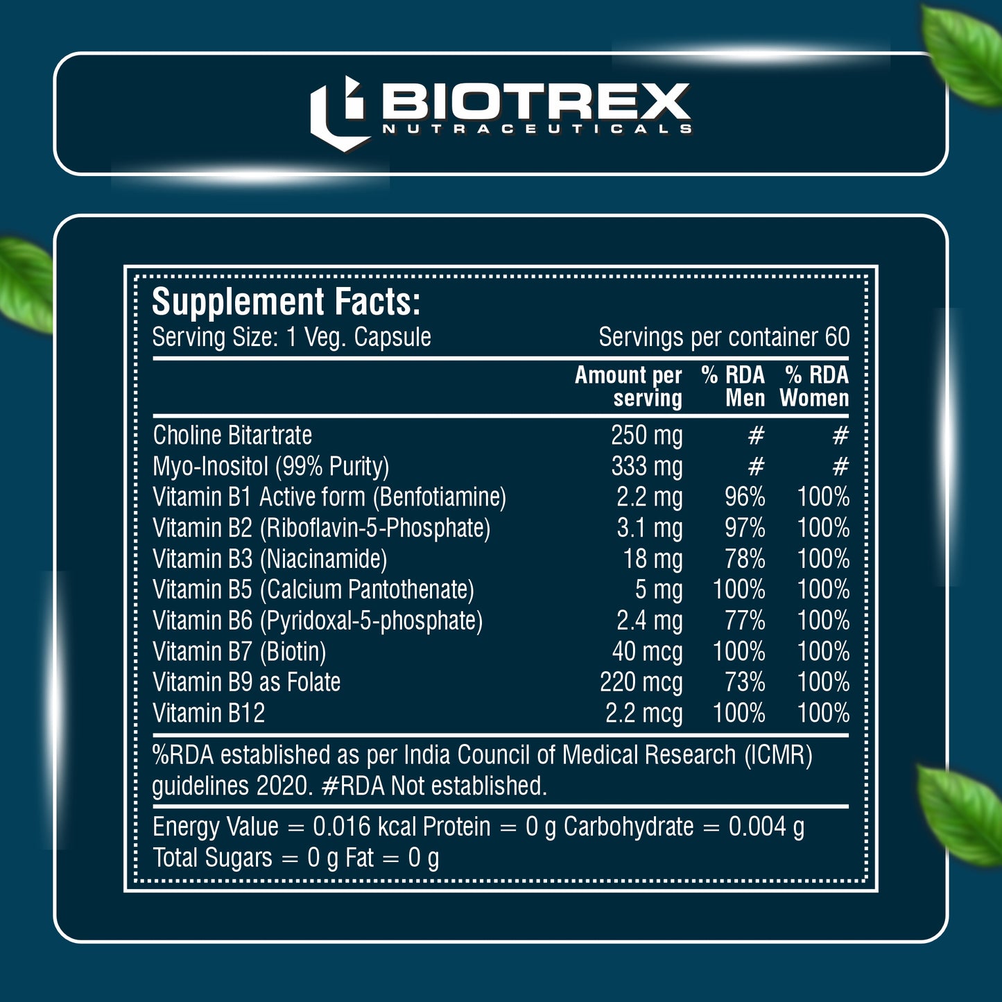 Biotrex Inositol and Choline Complex With Vitamin B Complex Vitamin B1, B2, B3, B5, B6, B7, B9 & B12, Enriched With High Purity, Advanced Nervous System & Fatty Acid - 60 Veg Capsules