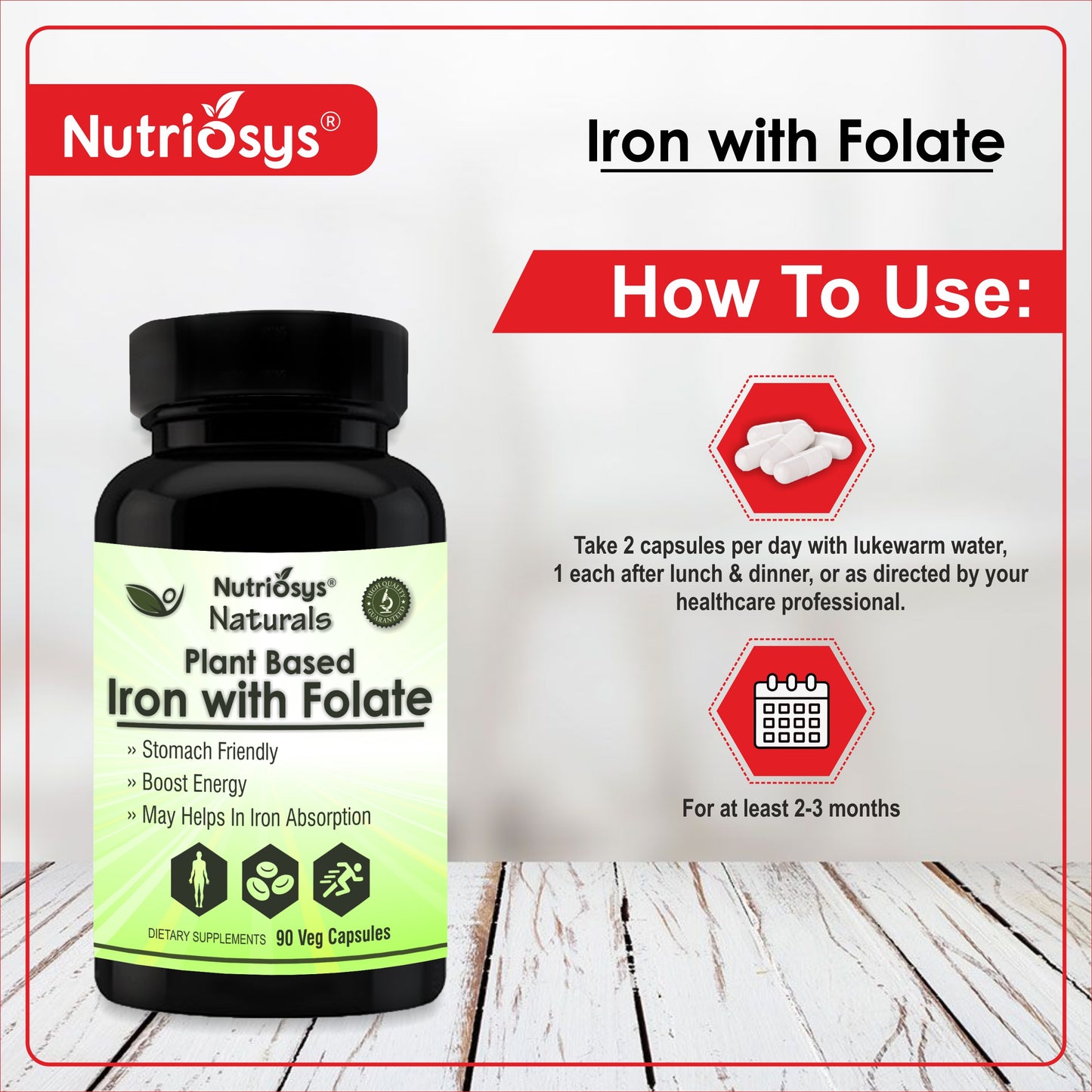 Nutriosys Naturals Plant Based Iron With Folate | Boost Energy Levels | Overall Wellness | 90 Capsules