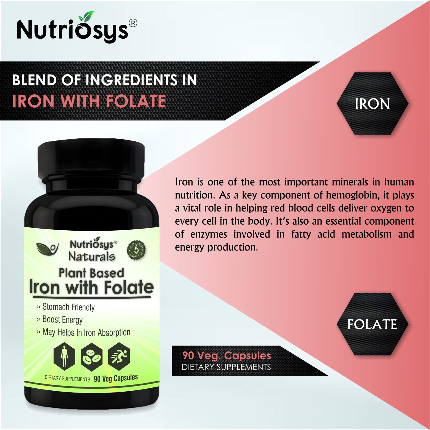 Nutriosys Naturals Plant Based Iron With Folate | Boost Energy Levels | Overall Wellness | 90 Capsules