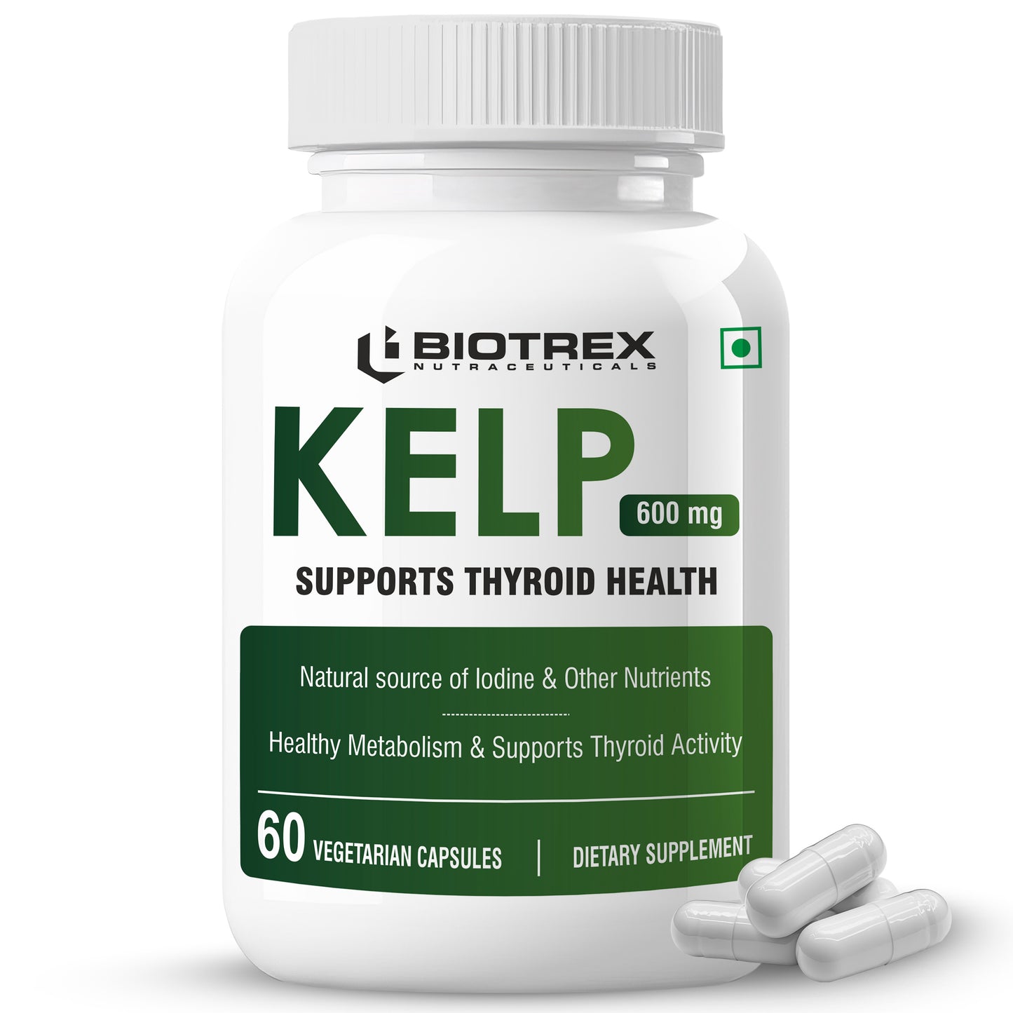 Biotrex Kelp Extract 600mg | Richest Vegan Source of Iodine | Supports Thyroid Health & Healthy Metabolism with Soluble Fiber - 60 Veg Capsules