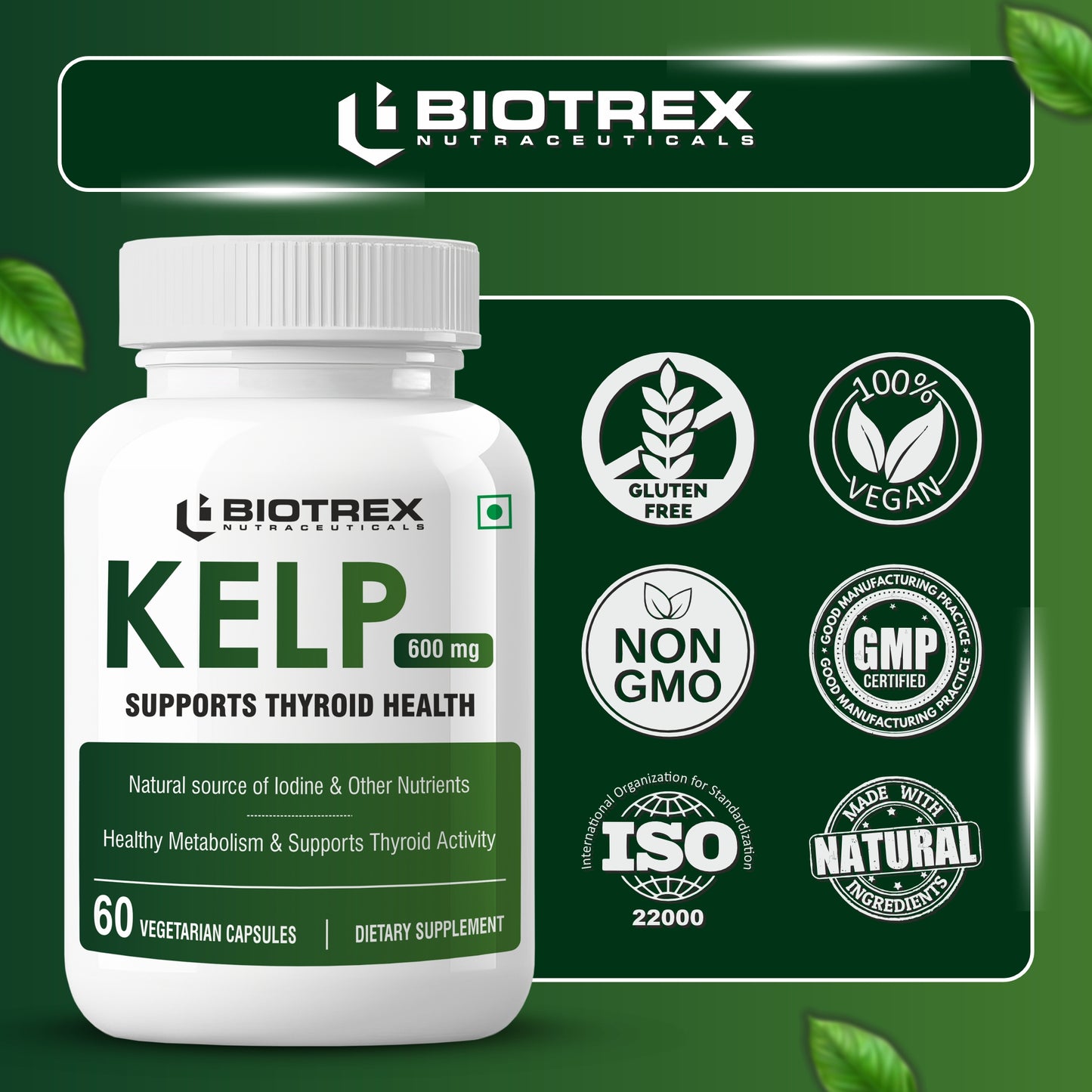 Biotrex Kelp Extract 600mg | Richest Vegan Source of Iodine | Supports Thyroid Health & Healthy Metabolism with Soluble Fiber - 60 Veg Capsules
