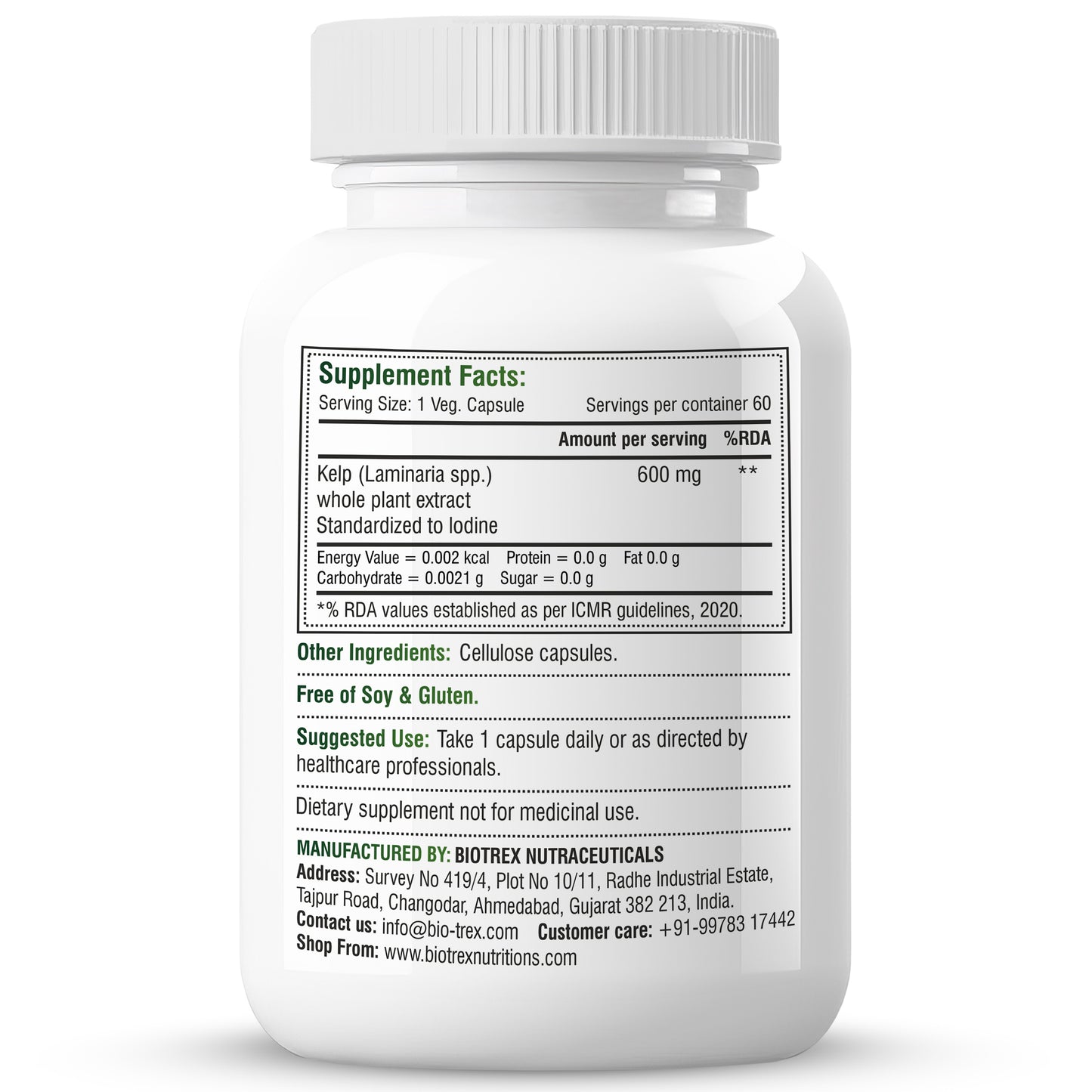 Biotrex Kelp Extract 600mg | Richest Vegan Source of Iodine | Supports Thyroid Health & Healthy Metabolism with Soluble Fiber - 60 Veg Capsules