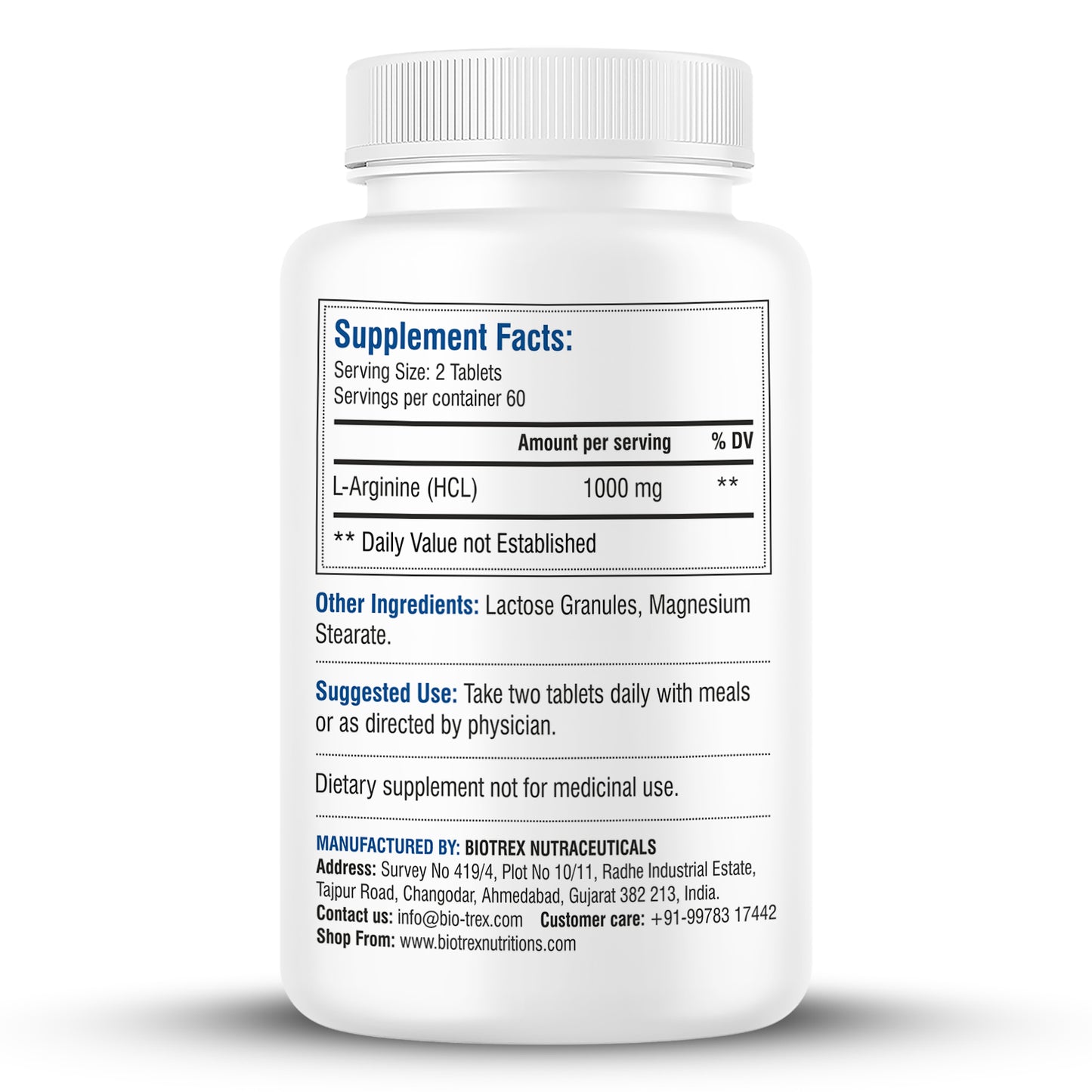 Biotrex L-Arginine 1000mg Supplement, Nitric Oxide Production & Muscle Growth - 120 Tablets